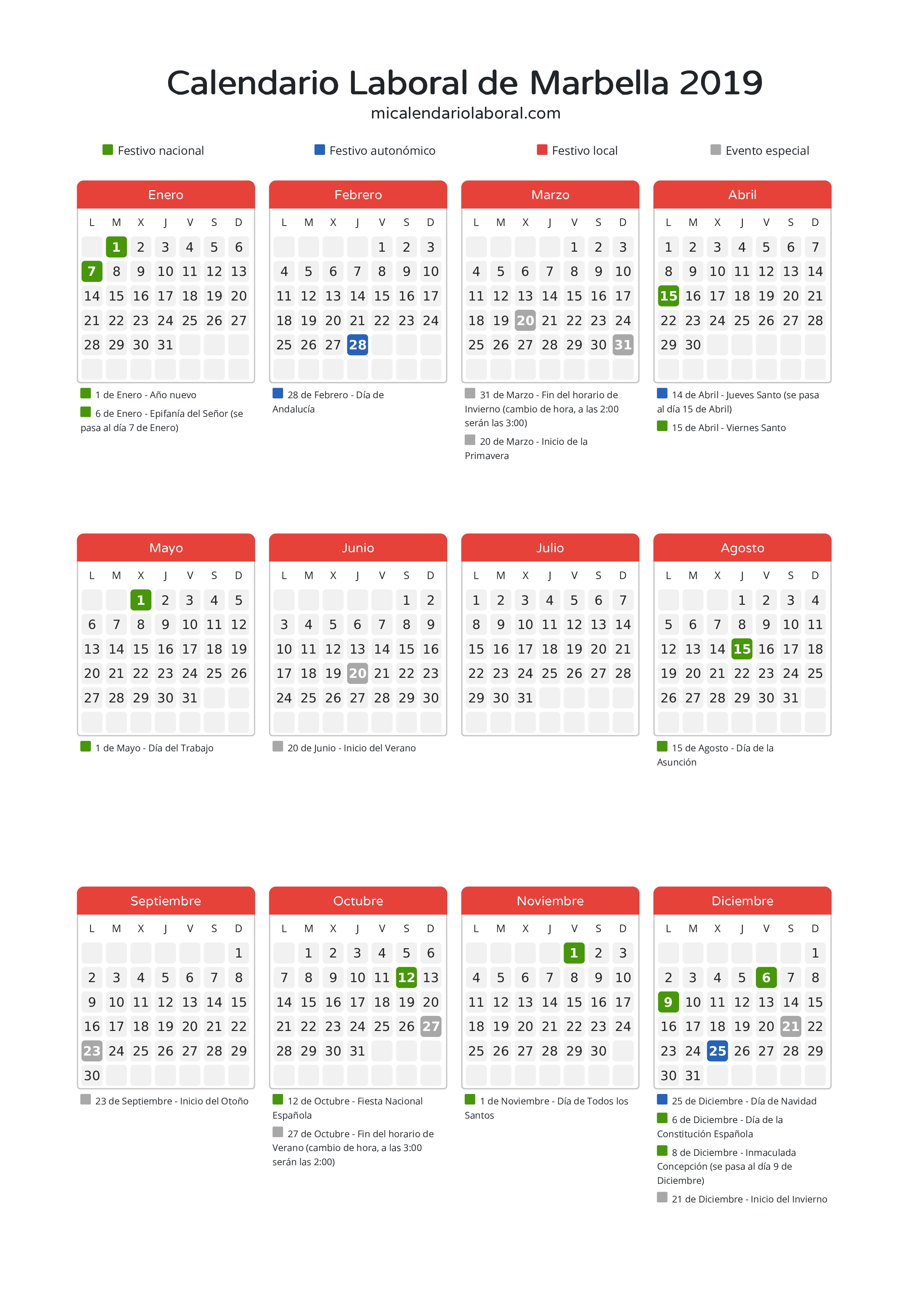 Calendario Laboral de Marbella 2019 - Días festivos - Descubre todos los festivos, días no laborables y días inhábiles en el calendario de Marbella propuestos por Junta de Andalucía. Organiza tus vacaciones y puentes en 2019.