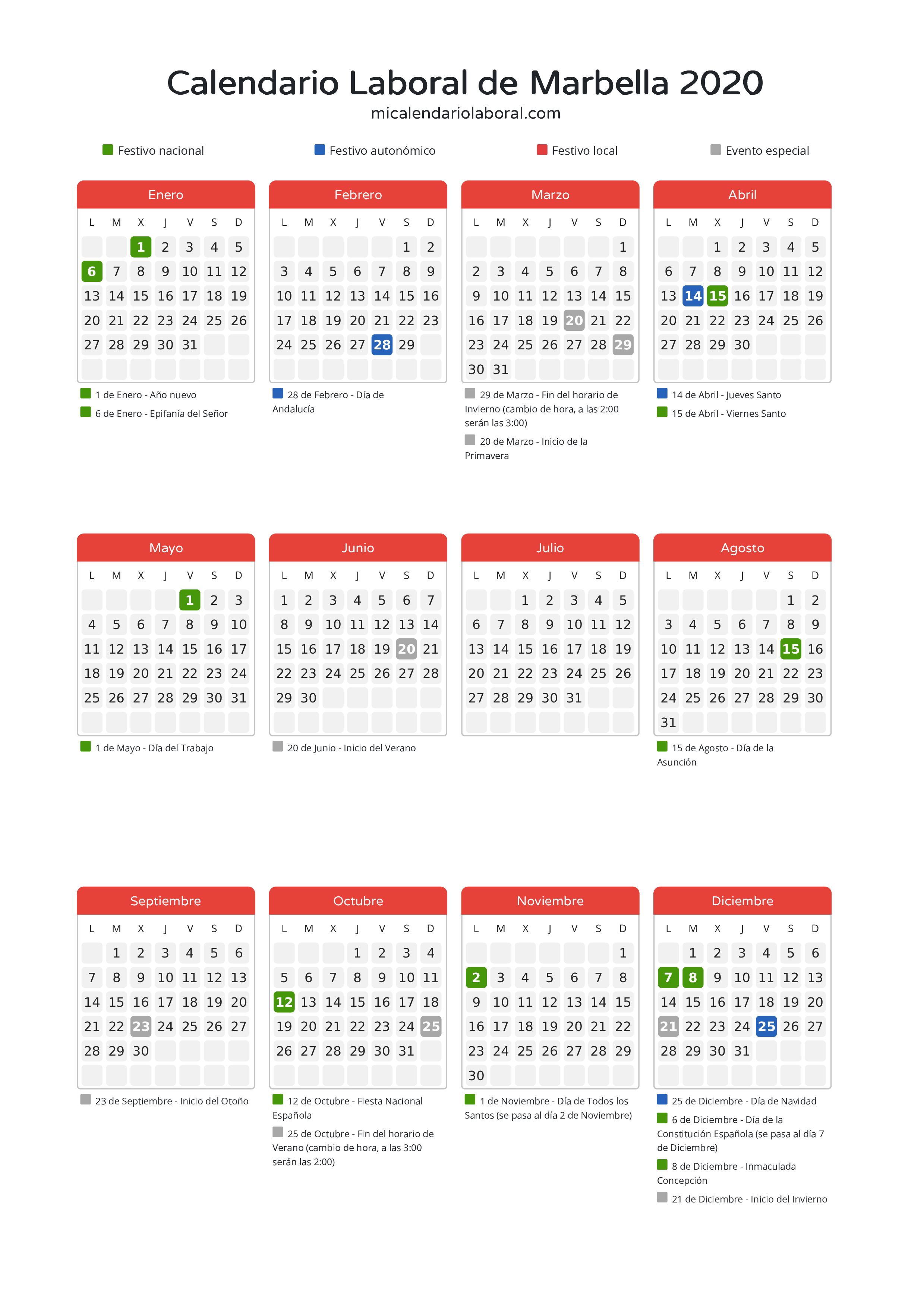 Calendario Laboral de Marbella 2020 - Días festivos - Descubre todos los festivos, días no laborables y días inhábiles en el calendario de Marbella propuestos por Junta de Andalucía. Organiza tus vacaciones y puentes en 2020.