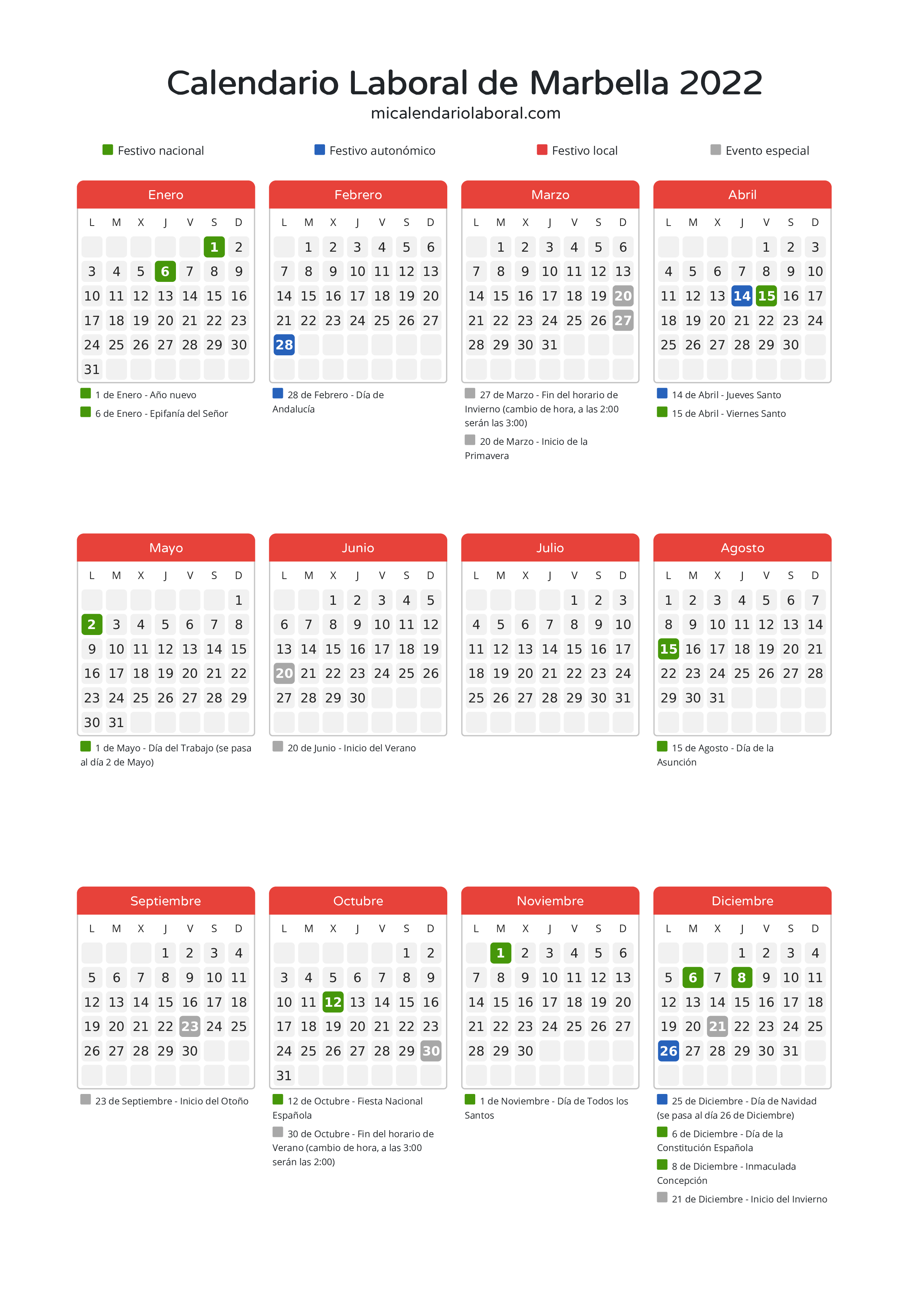 Calendario Laboral de Marbella 2022 - Días festivos - Descubre todos los festivos, días no laborables y días inhábiles en el calendario de Marbella propuestos por Junta de Andalucía. Organiza tus vacaciones y puentes en 2022.