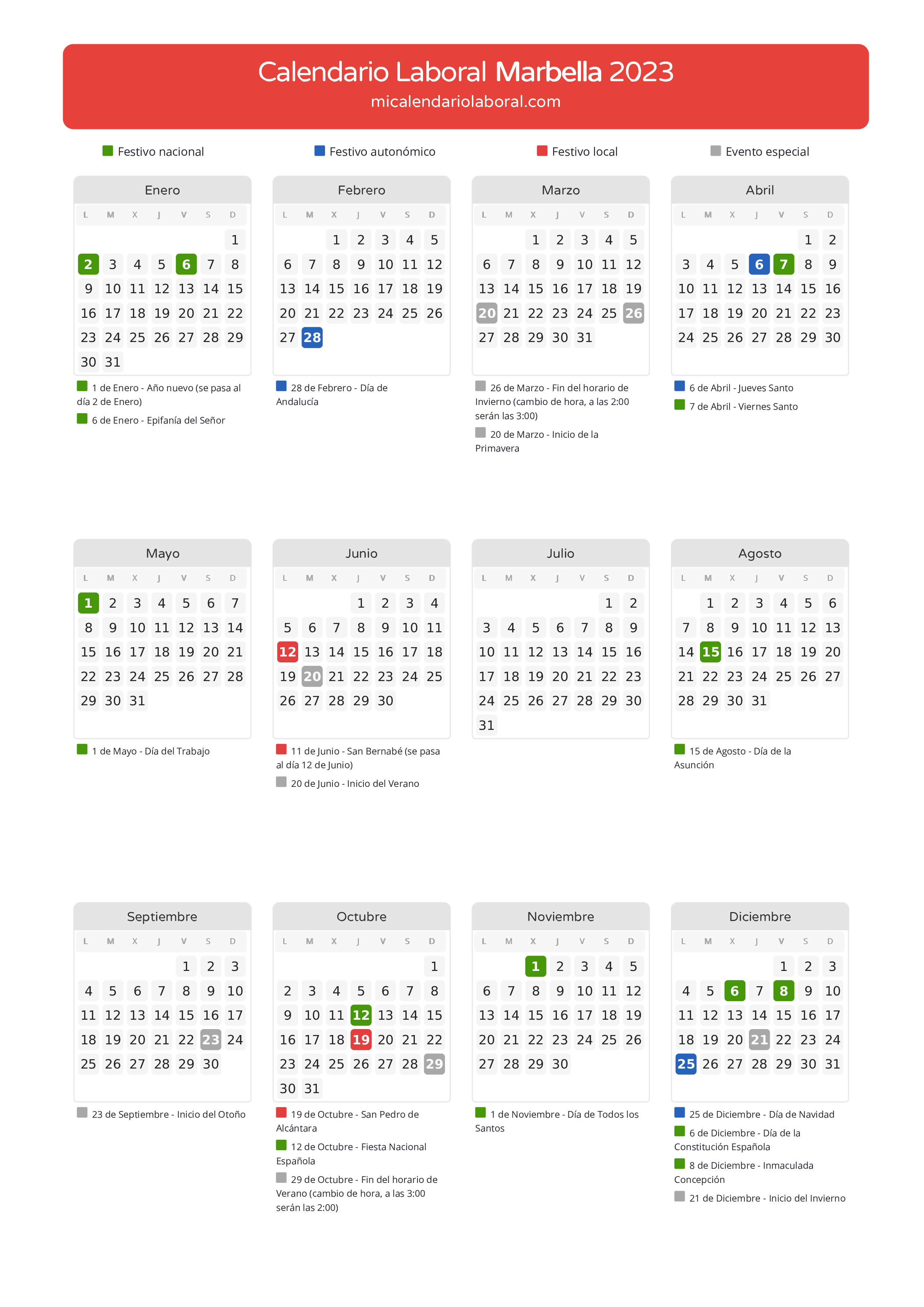 Calendario Laboral de Marbella 2023 - Días festivos - Todos los festivos y días no laborables del calendario de Marbella propuestos por Junta de Andalucía. Organiza tus vacaciones y puentes en 2023.