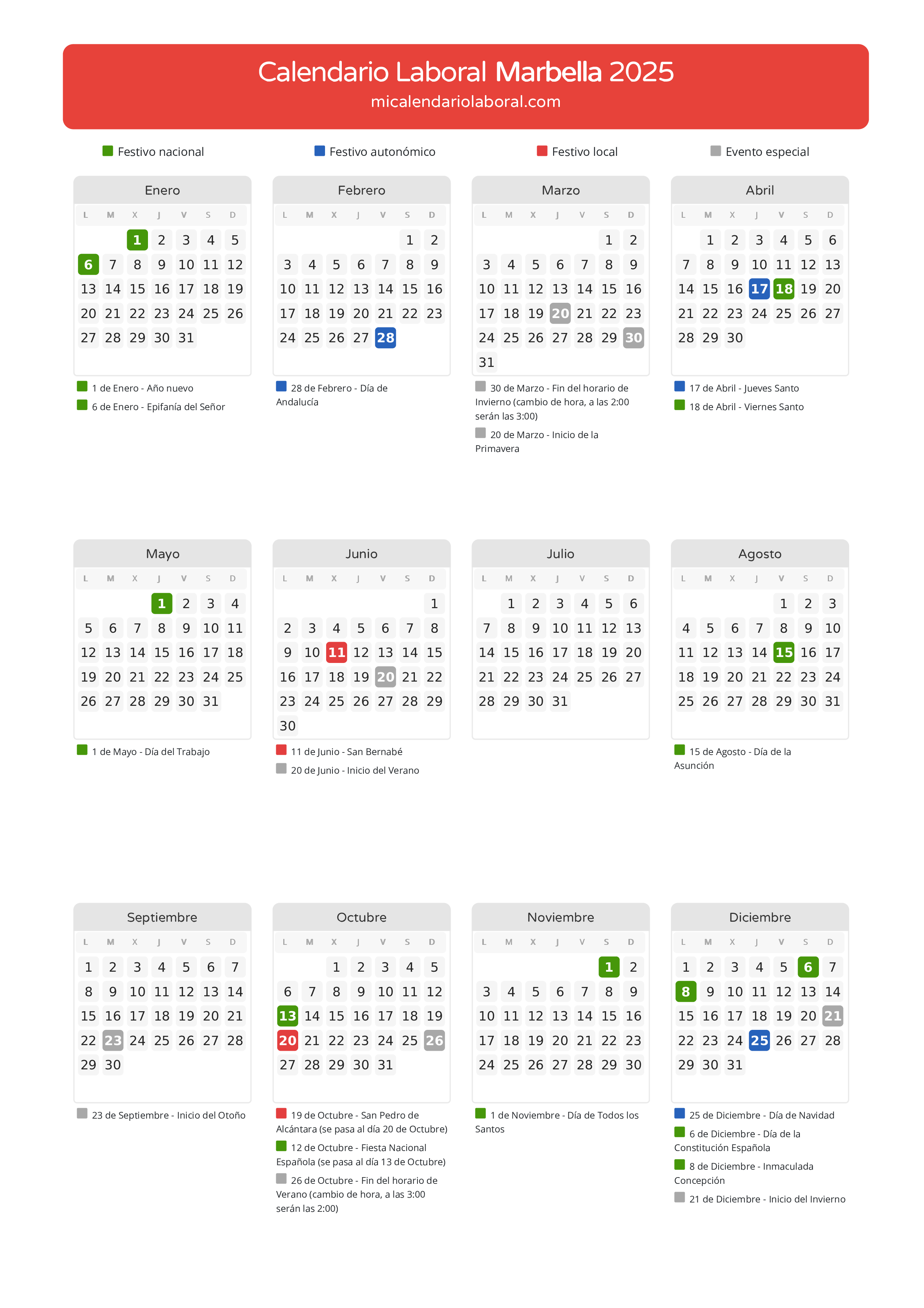 Calendario Laboral de Marbella 2025 - Días festivos - Descubre todos los festivos, días no laborables y días inhábiles en el calendario de la provincia de Marbella propuestos por Junta de Andalucía. Anticípate a los eventos y organiza tus vacaciones y puentes en 2025.