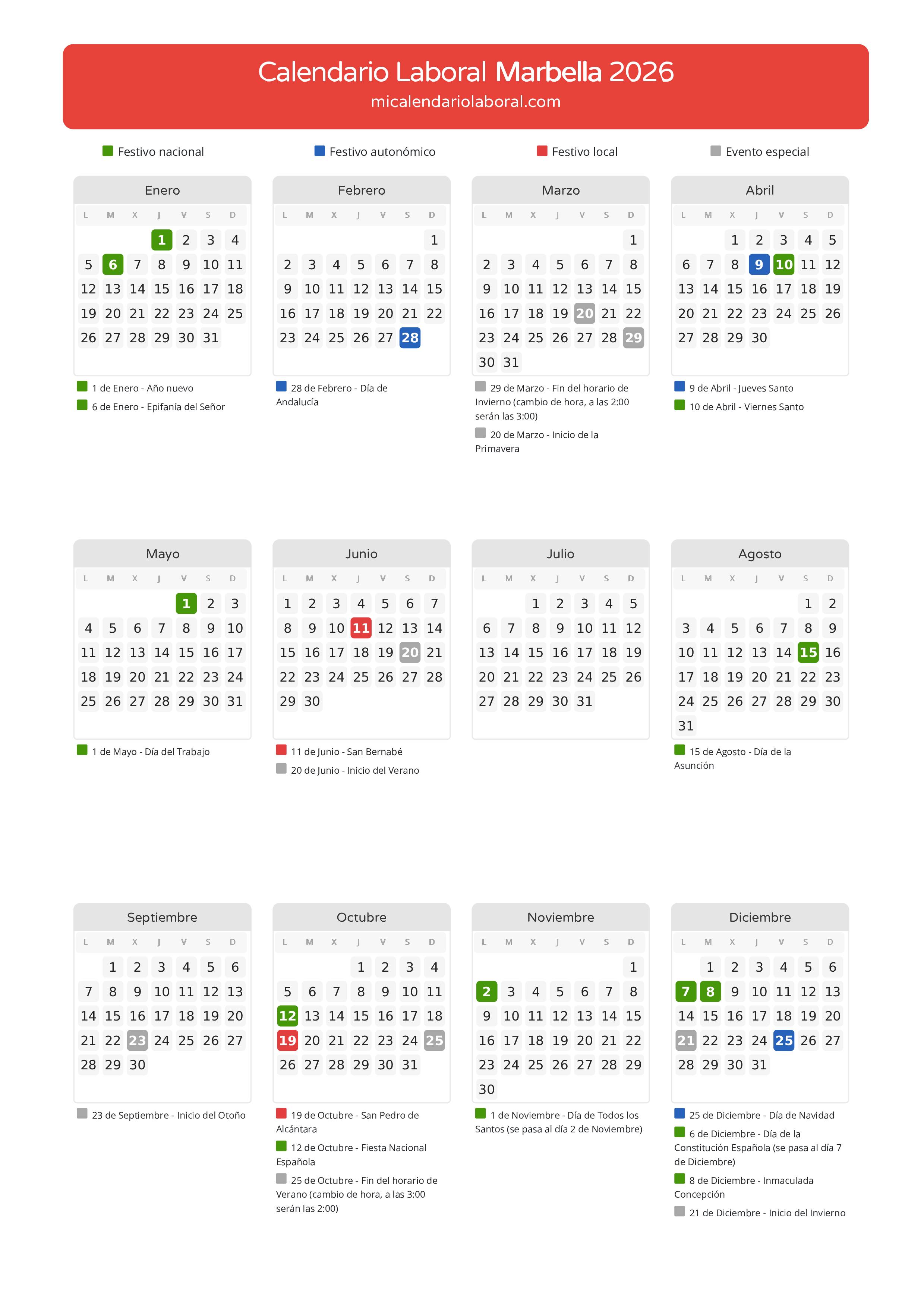 Calendario Laboral de Marbella 2026 - Días festivos - Descubre todos los festivos, días no laborables y días inhábiles en el calendario de Marbella propuestos por Junta de Andalucía. Organiza tus vacaciones y puentes en 2026.