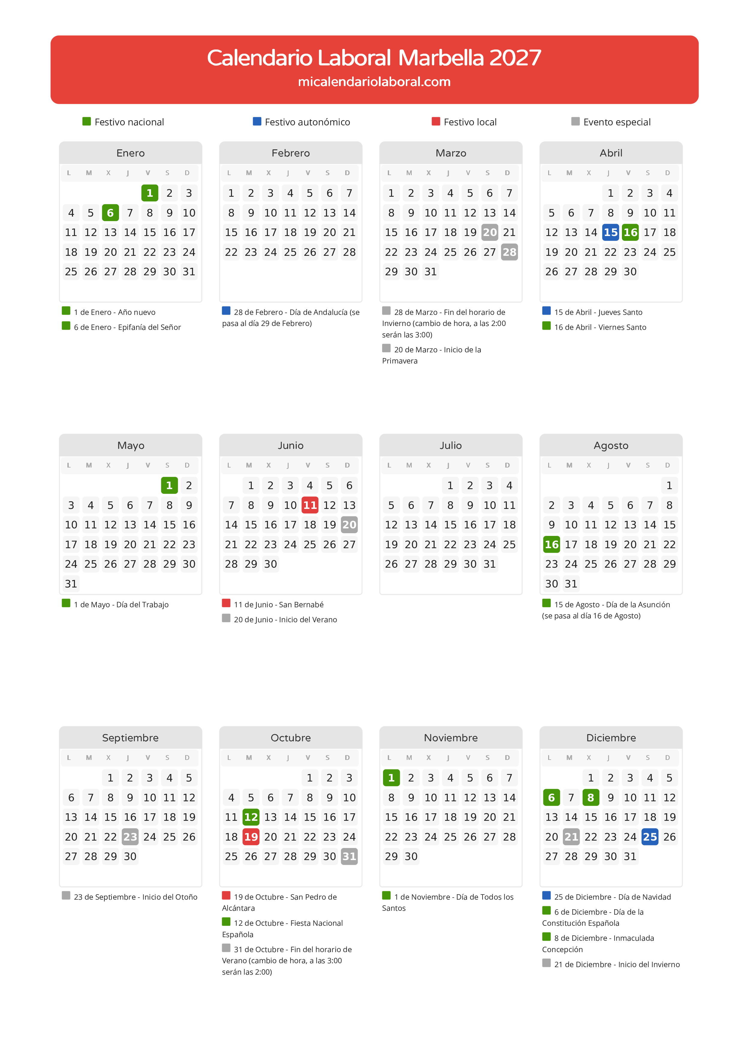 Calendario Laboral de Marbella 2027 - Días festivos - Descubre todos los festivos, días no laborables y días inhábiles en el calendario de Marbella propuestos por Junta de Andalucía. Organiza tus vacaciones y puentes en 2027.