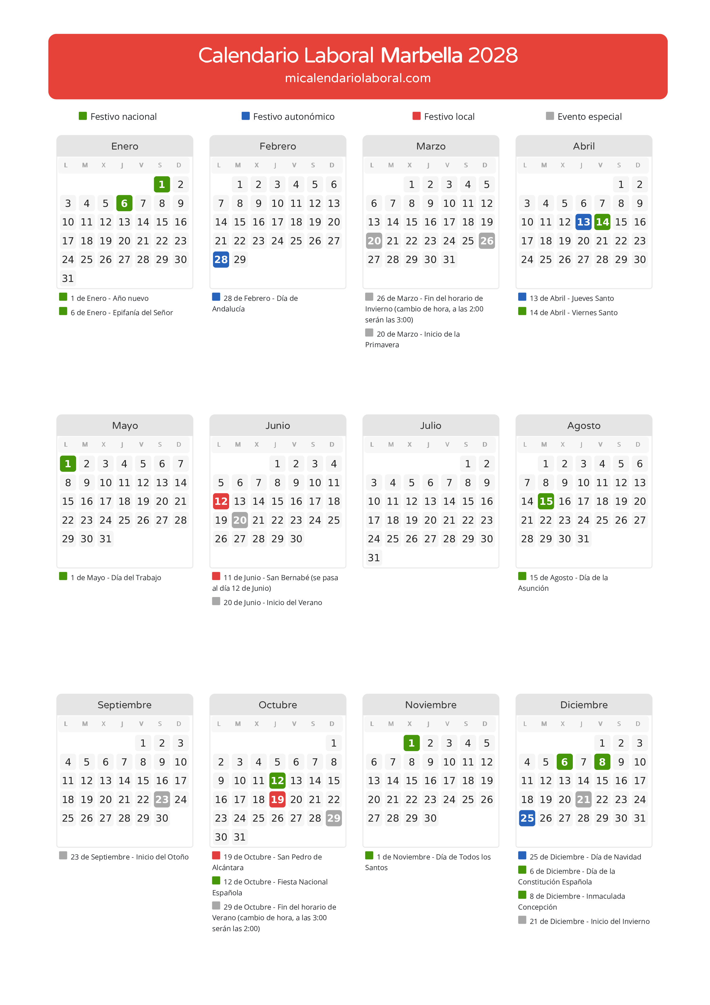Calendario Laboral de Marbella 2028 - Días festivos - Descubre todos los festivos, días no laborables y días inhábiles en el calendario de Marbella propuestos por Junta de Andalucía. Organiza tus vacaciones y puentes en 2028.