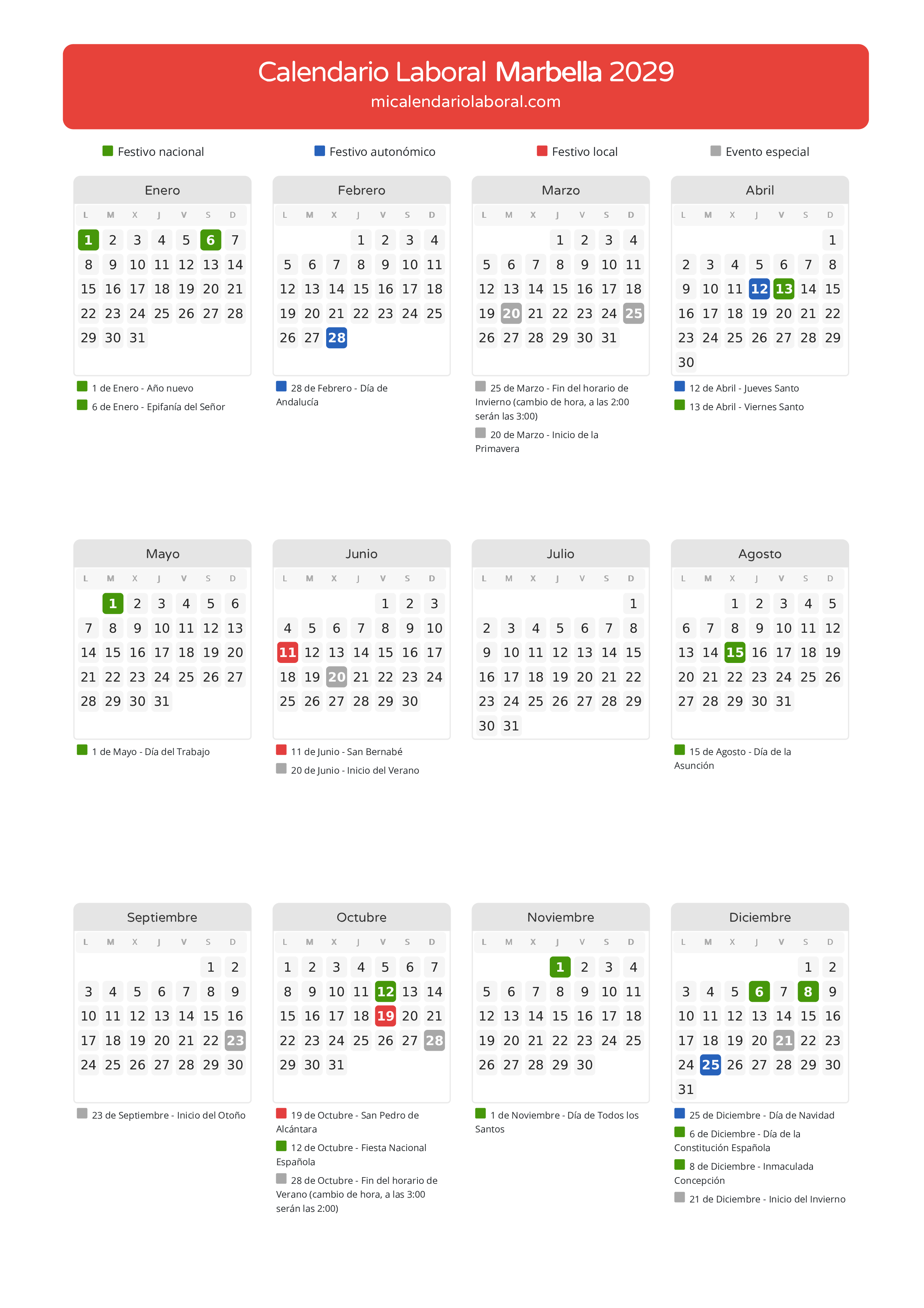 Calendario Laboral de Marbella 2029 - Días festivos - Descubre todos los festivos, días no laborables y días inhábiles en el calendario de Marbella propuestos por Junta de Andalucía. Organiza tus vacaciones y puentes en 2029.