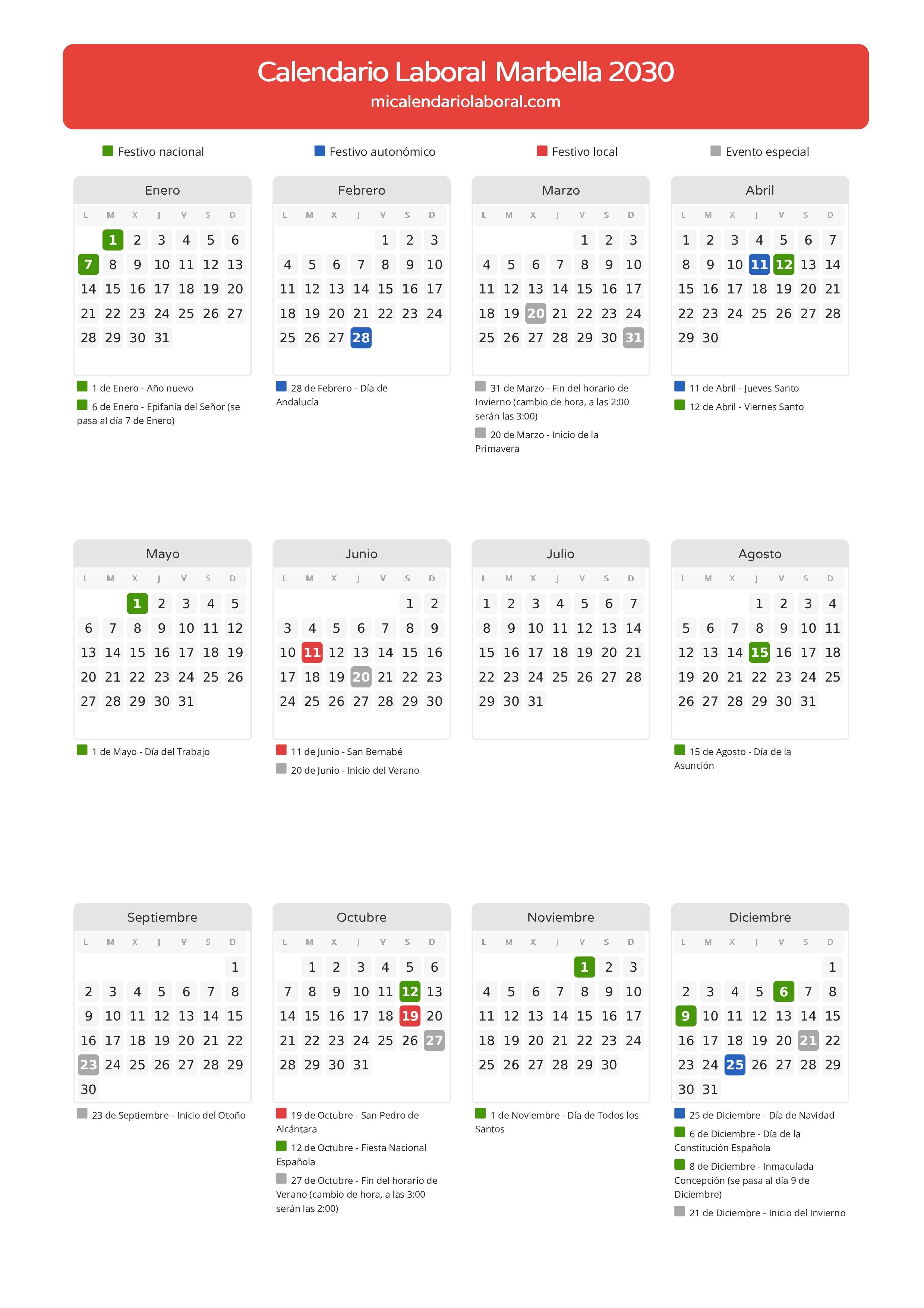 Calendario Laboral de Marbella 2030 - Días festivos - Todos los festivos y días no laborables del calendario de Marbella propuestos por Junta de Andalucía. Organiza tus vacaciones y puentes en 2030.