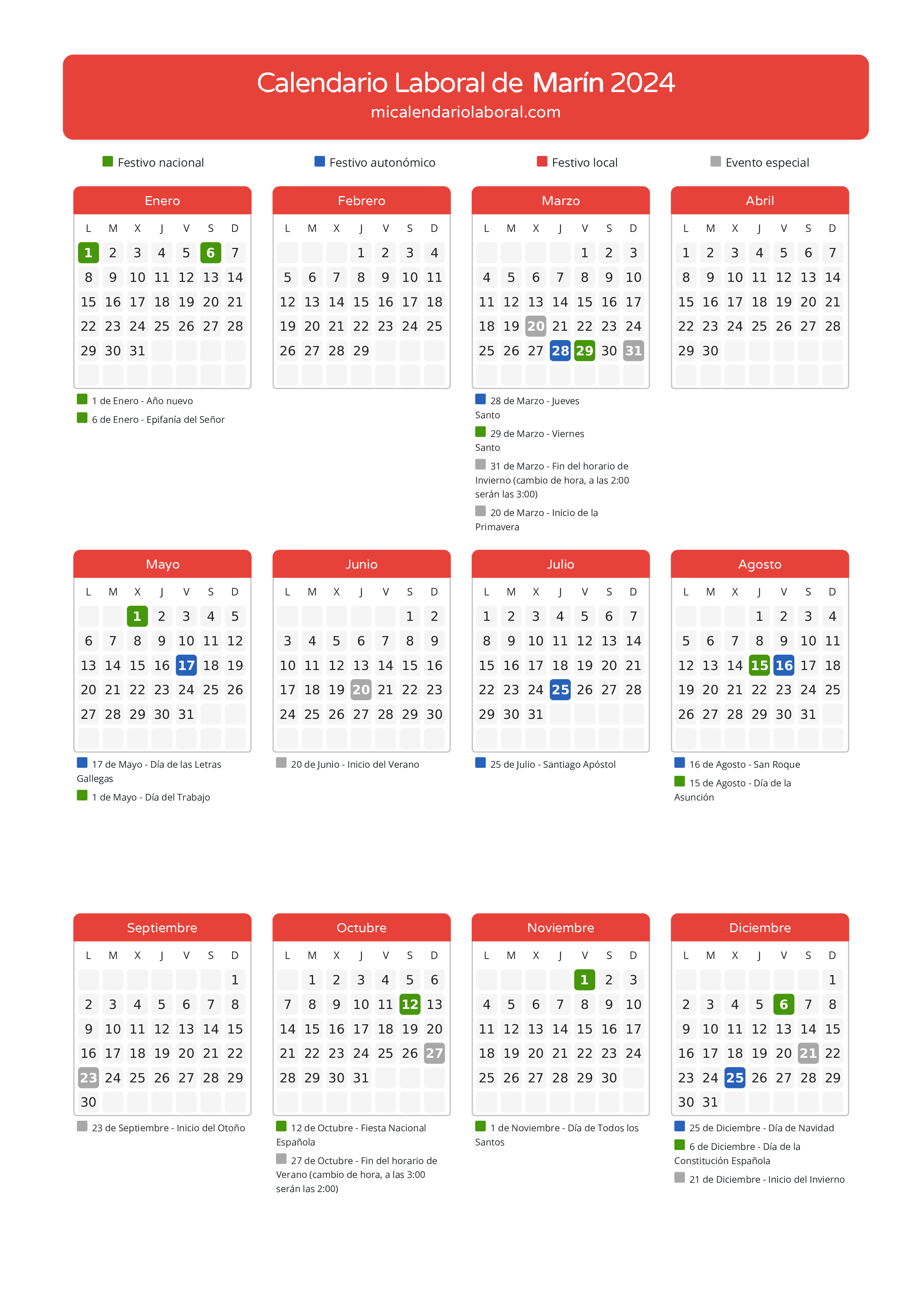 Calendario Laboral de Marín 2024 - Días festivos - Aquí tienes todos los días festivos, no laborables y días inhábiles de la provincia del calendario de Marín del año 2024