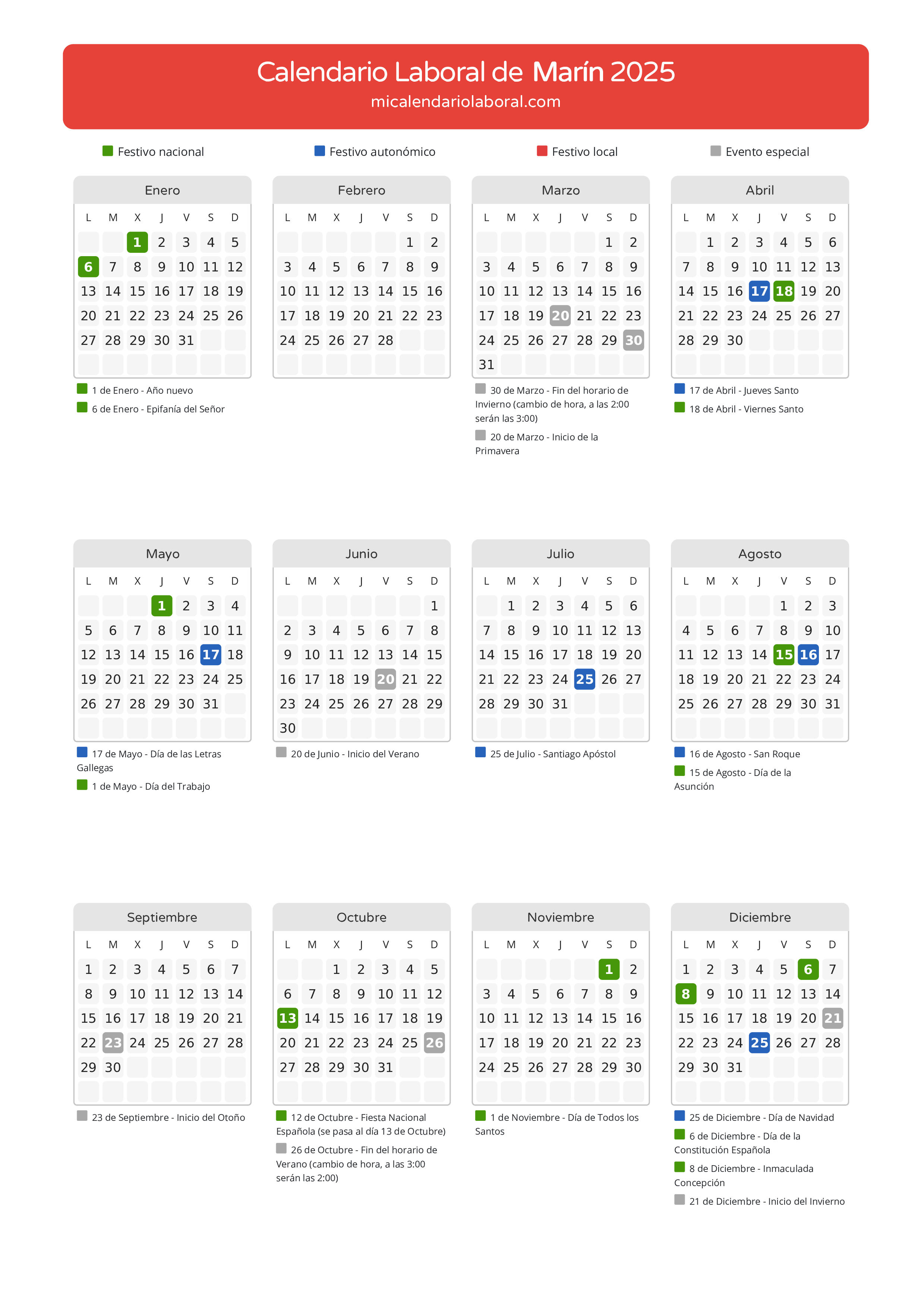 Calendario Laboral de Marín 2025 - Días festivos - Aquí tienes todos los días festivos, no laborables y días inhábiles de la provincia del calendario de Marín del año 2025