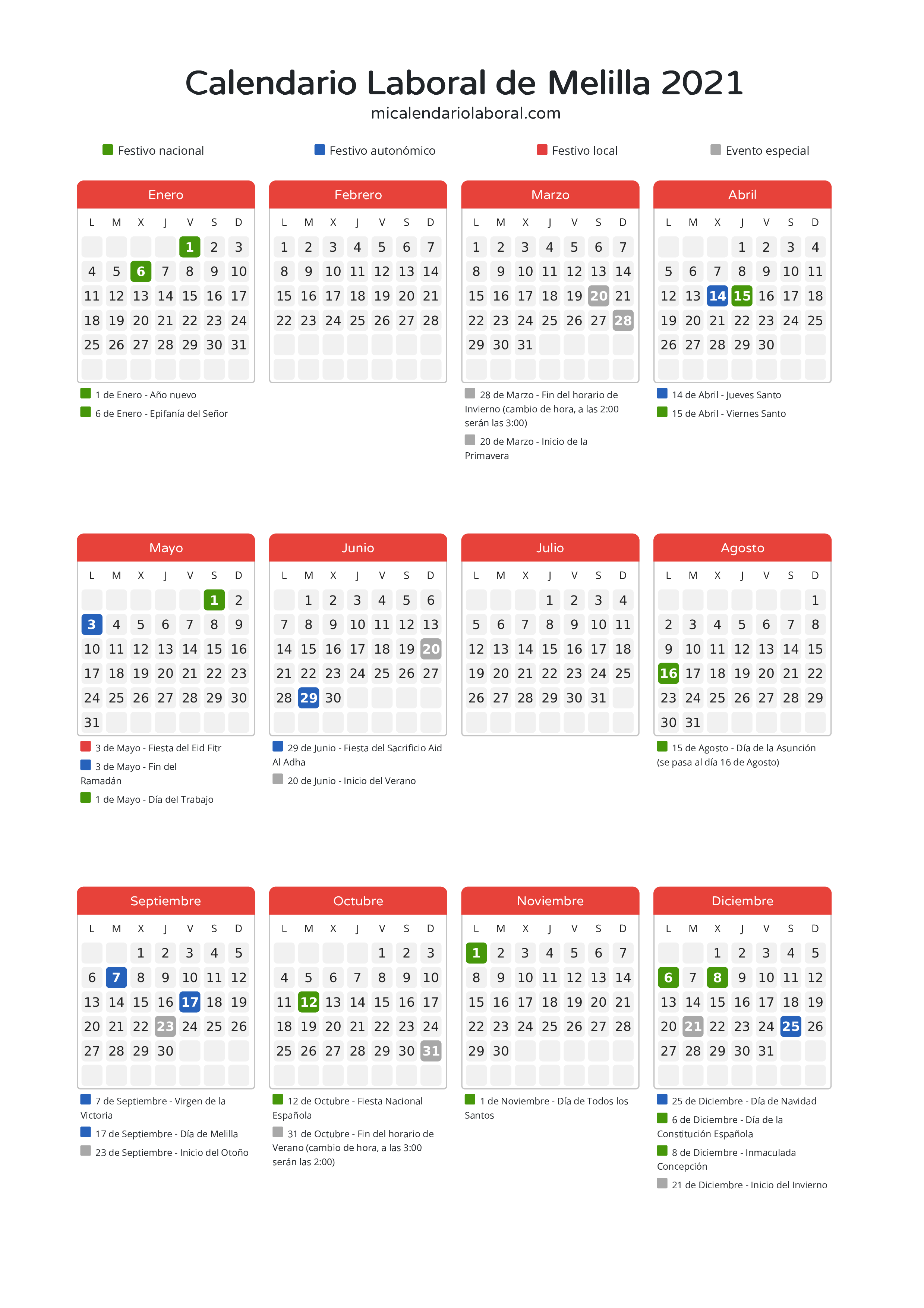 Calendario Laboral de Melilla 2021 - Días festivos - Descubre todos los festivos, días no laborables y días inhábiles en el calendario de Melilla propuestos por Gobierno de la Ciudad Autónoma de Melilla. Organiza tus vacaciones y puentes en 2021.