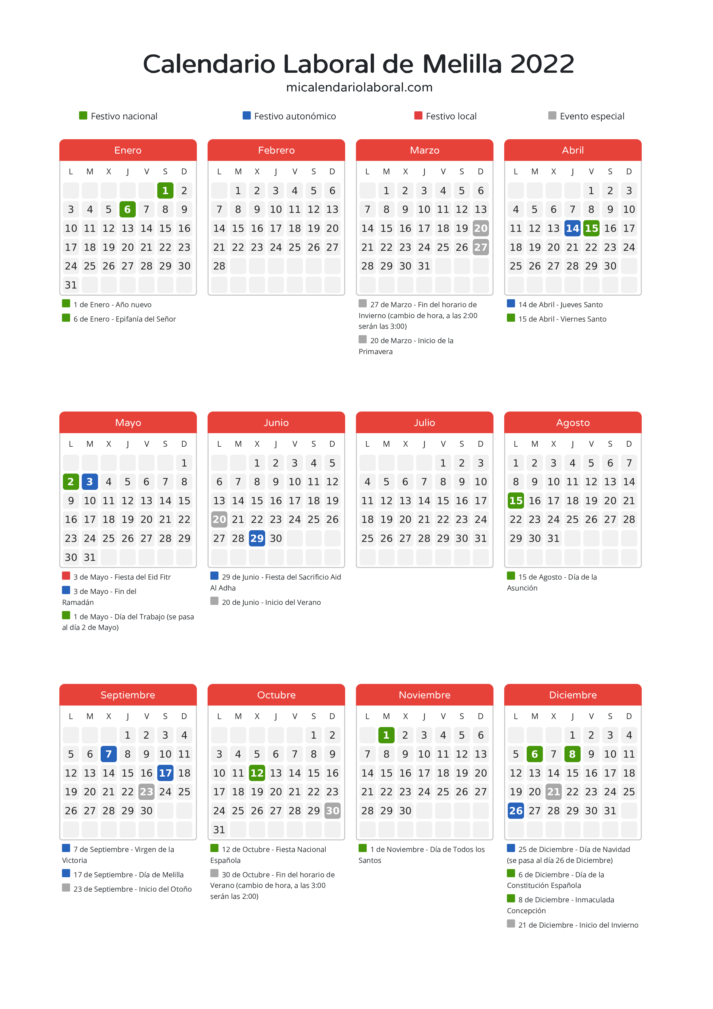 Calendario Laboral de Melilla 2022 - Días festivos - Todos los festivos y días no laborables del calendario de Melilla propuestos por Gobierno de la Ciudad Autónoma de Melilla. Organiza tus vacaciones y puentes en 2022.
