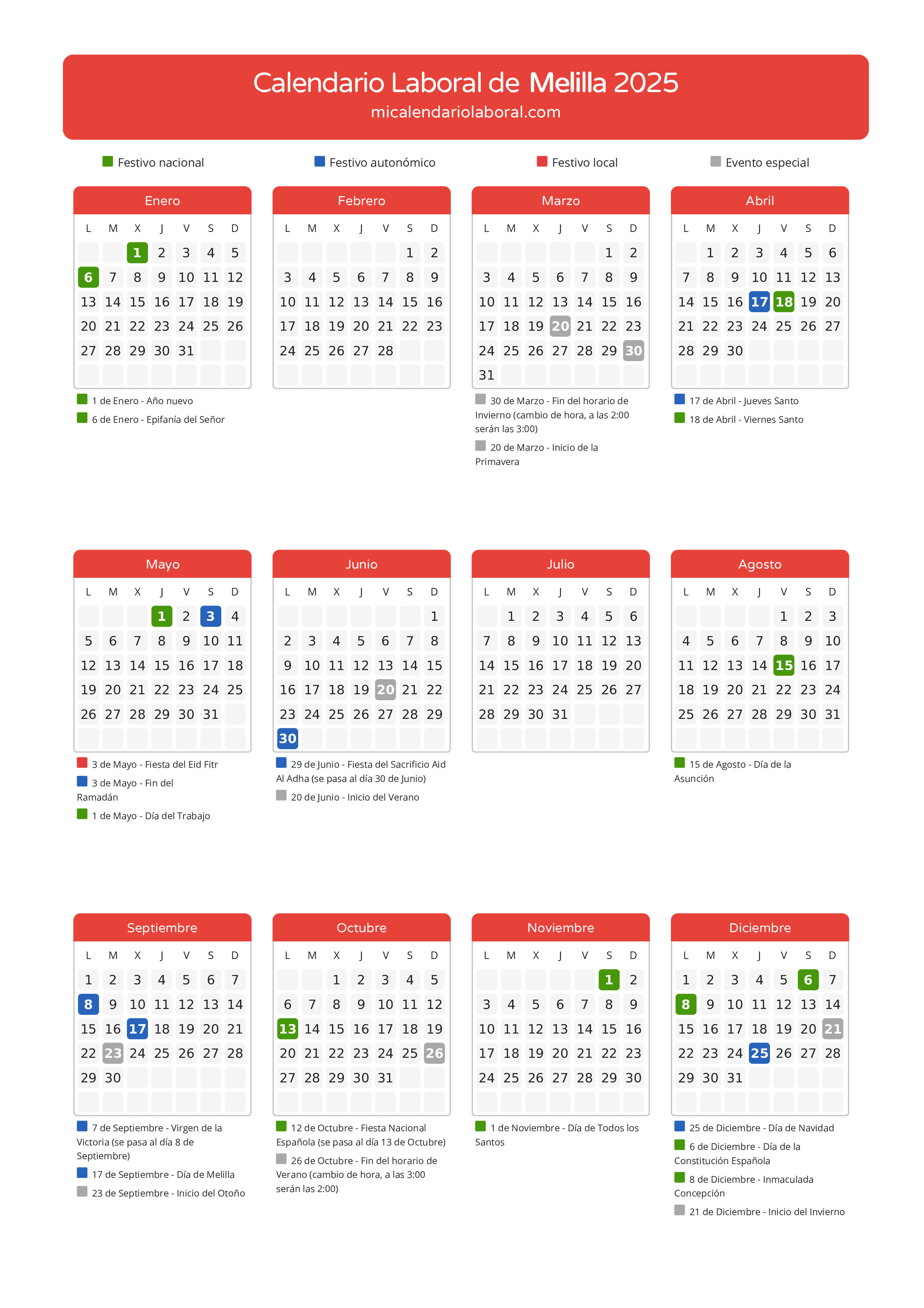 Calendario Laboral de Melilla 2025 - Días festivos - Descubre todos los festivos, días no laborables y días inhábiles en el calendario de la provincia de Melilla propuestos por Gobierno de la Ciudad Autónoma de Melilla. Anticípate a los eventos y organiza tus vacaciones y puentes en 2025.