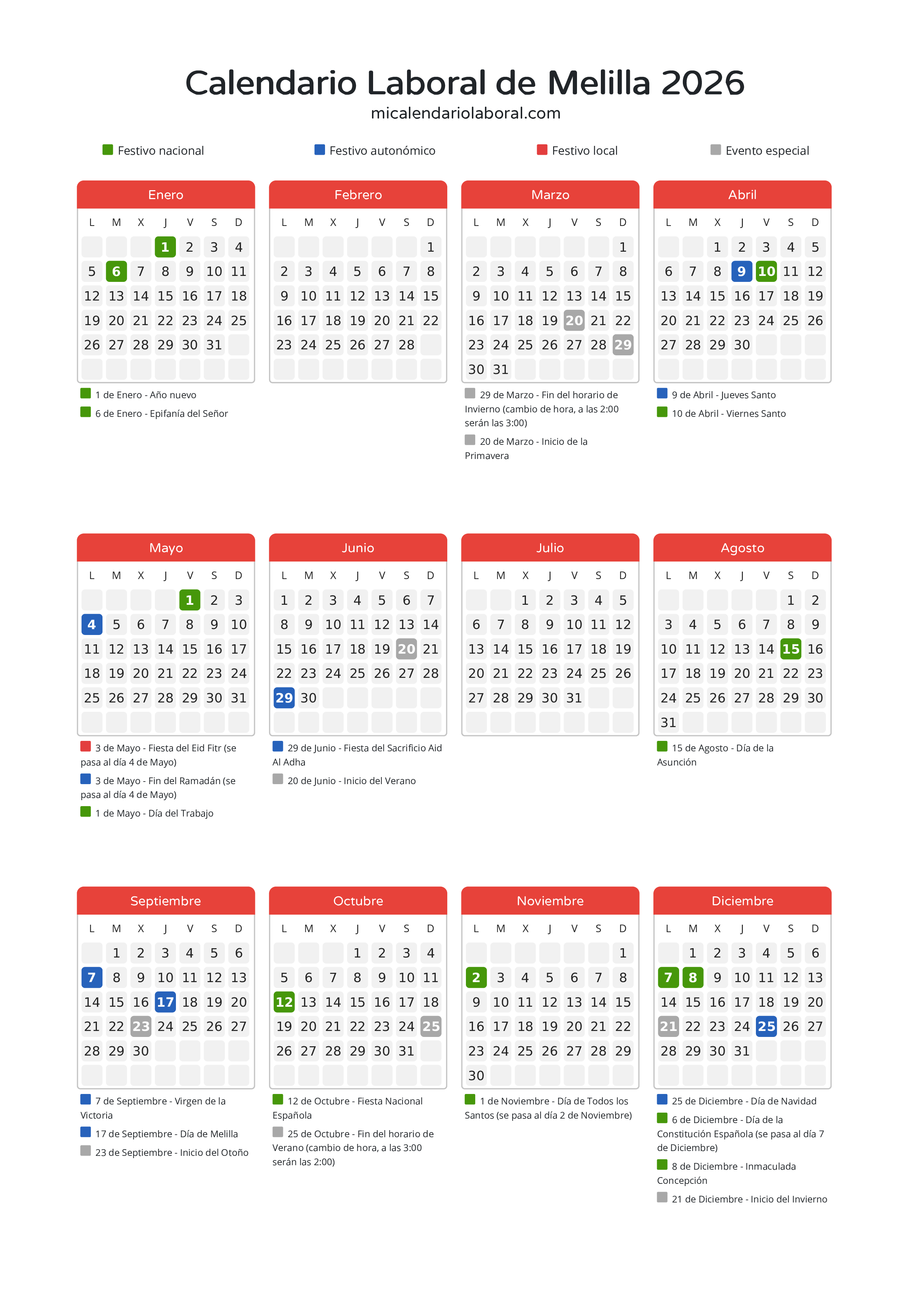 Calendario Laboral de Melilla 2026 - Días festivos - Descubre todos los festivos, días no laborables y días inhábiles en el calendario de Melilla propuestos por Gobierno de la Ciudad Autónoma de Melilla. Organiza tus vacaciones y puentes en 2026.