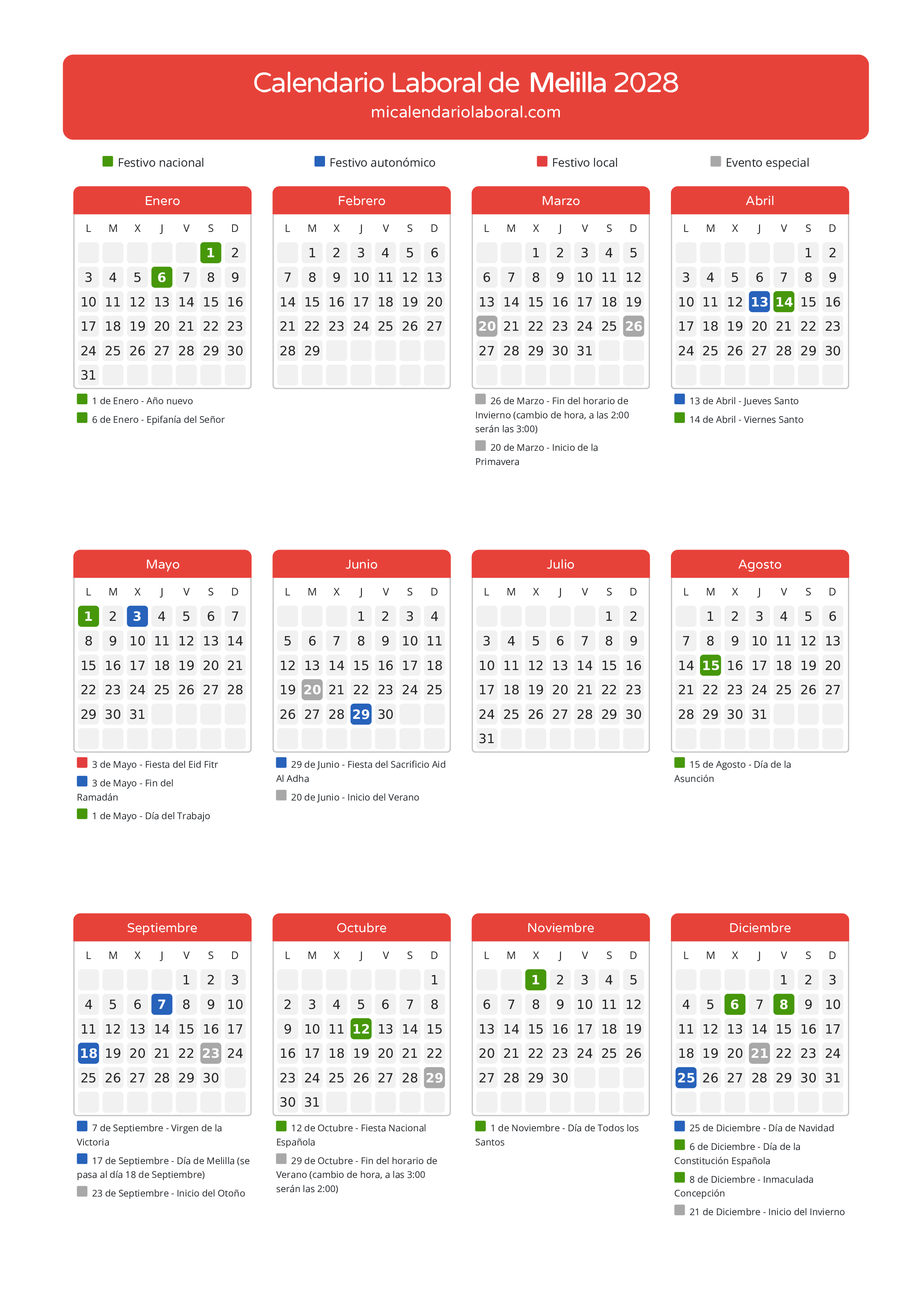Calendario Laboral de Melilla 2028 - Días festivos - Descubre todos los festivos, días no laborables y días inhábiles en el calendario de Melilla propuestos por Gobierno de la Ciudad Autónoma de Melilla. Organiza tus vacaciones y puentes en 2028.