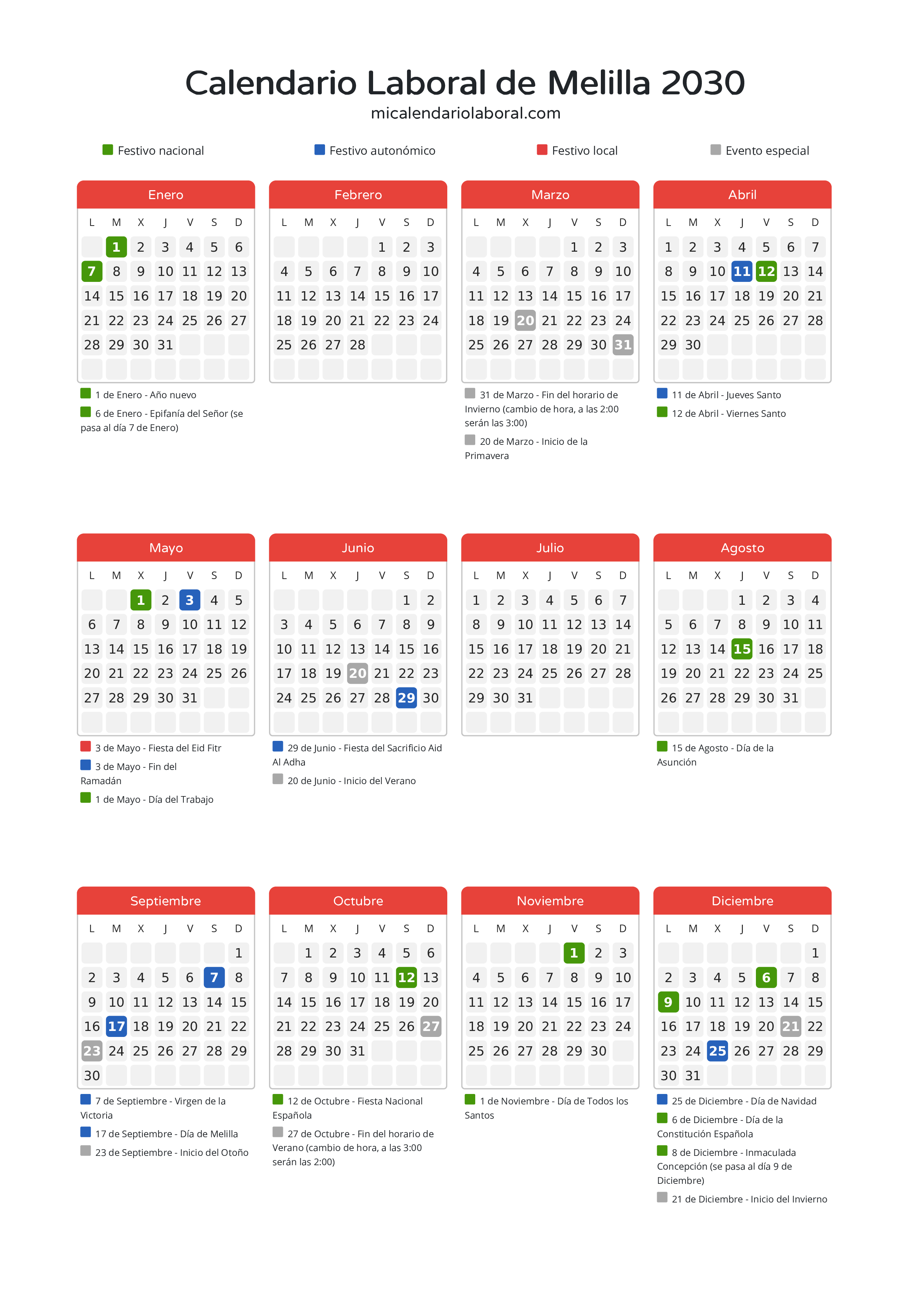 Calendario Laboral de Melilla 2030 - Días festivos - Todos los festivos y días no laborables del calendario de Melilla propuestos por Gobierno de la Ciudad Autónoma de Melilla. Organiza tus vacaciones y puentes en 2030.