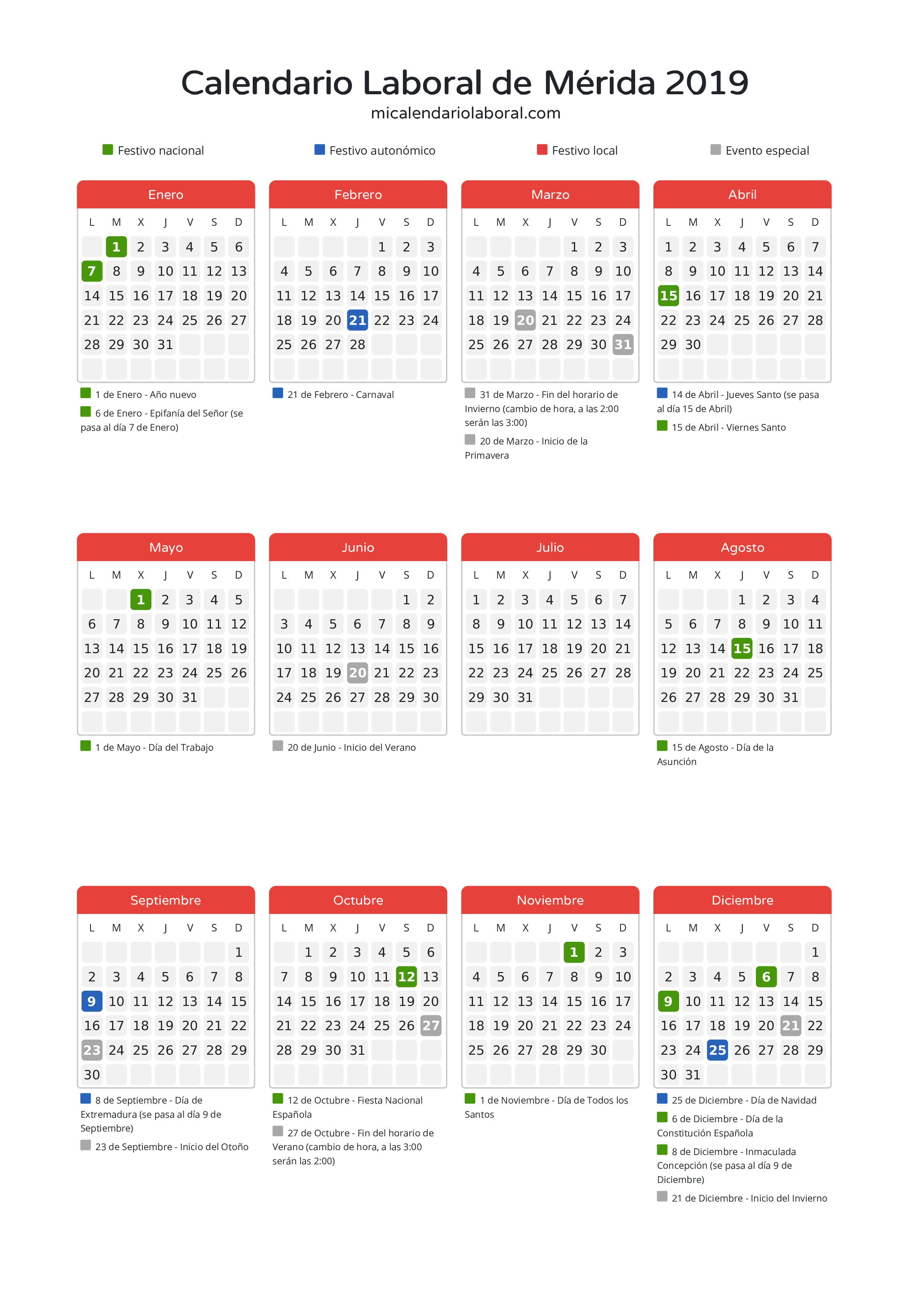 Calendario Laboral de Mérida 2019 - Días festivos - Descubre todos los festivos, días no laborables y días inhábiles en el calendario de Mérida propuestos por Junta de Extremadura. Organiza tus vacaciones y puentes en 2019.