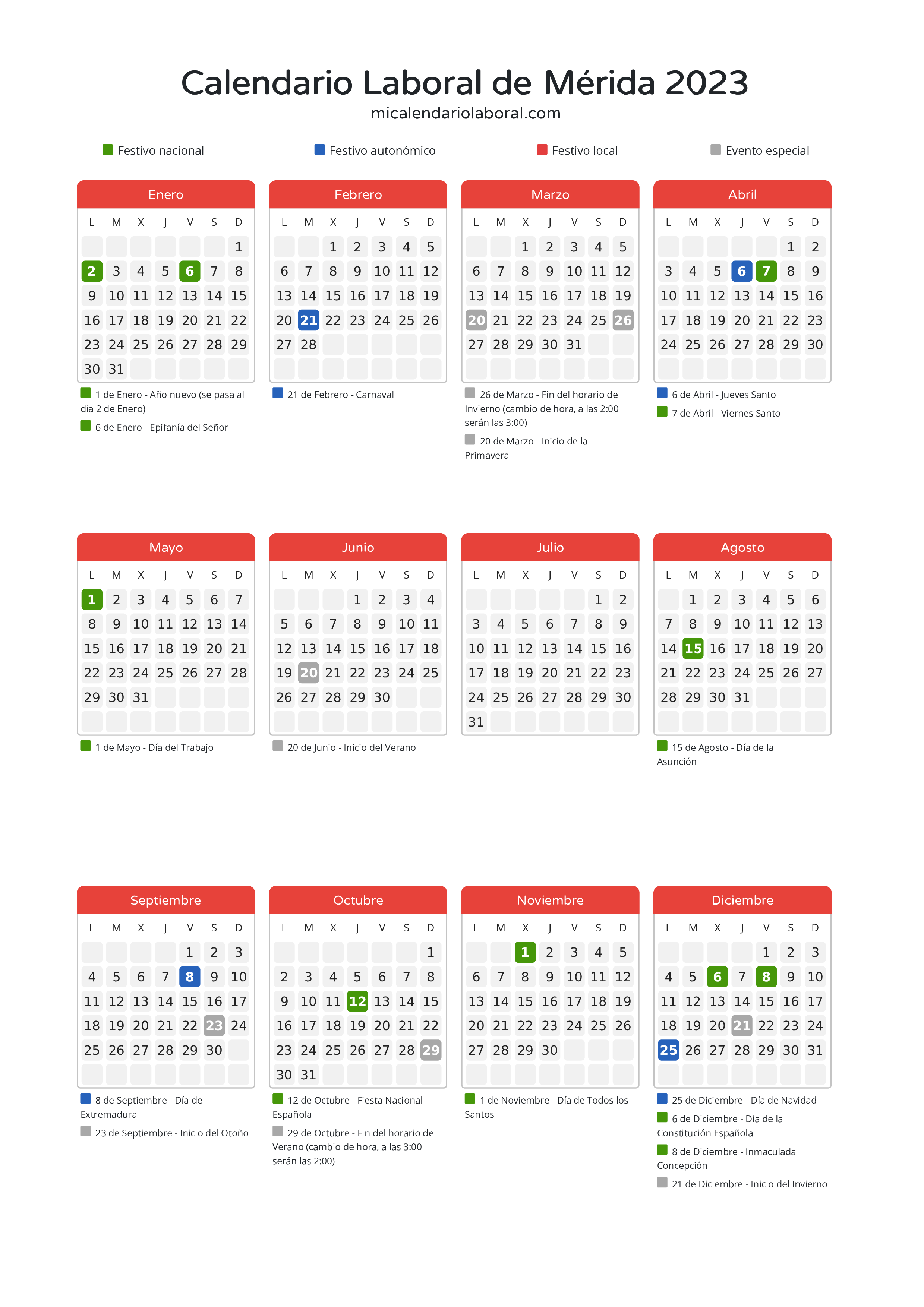 Calendario Laboral de Mérida 2023 - Días festivos - Aquí tienes todos los días festivos, no laborables y días inhábiles de la provincia del calendario de Mérida del año 2023