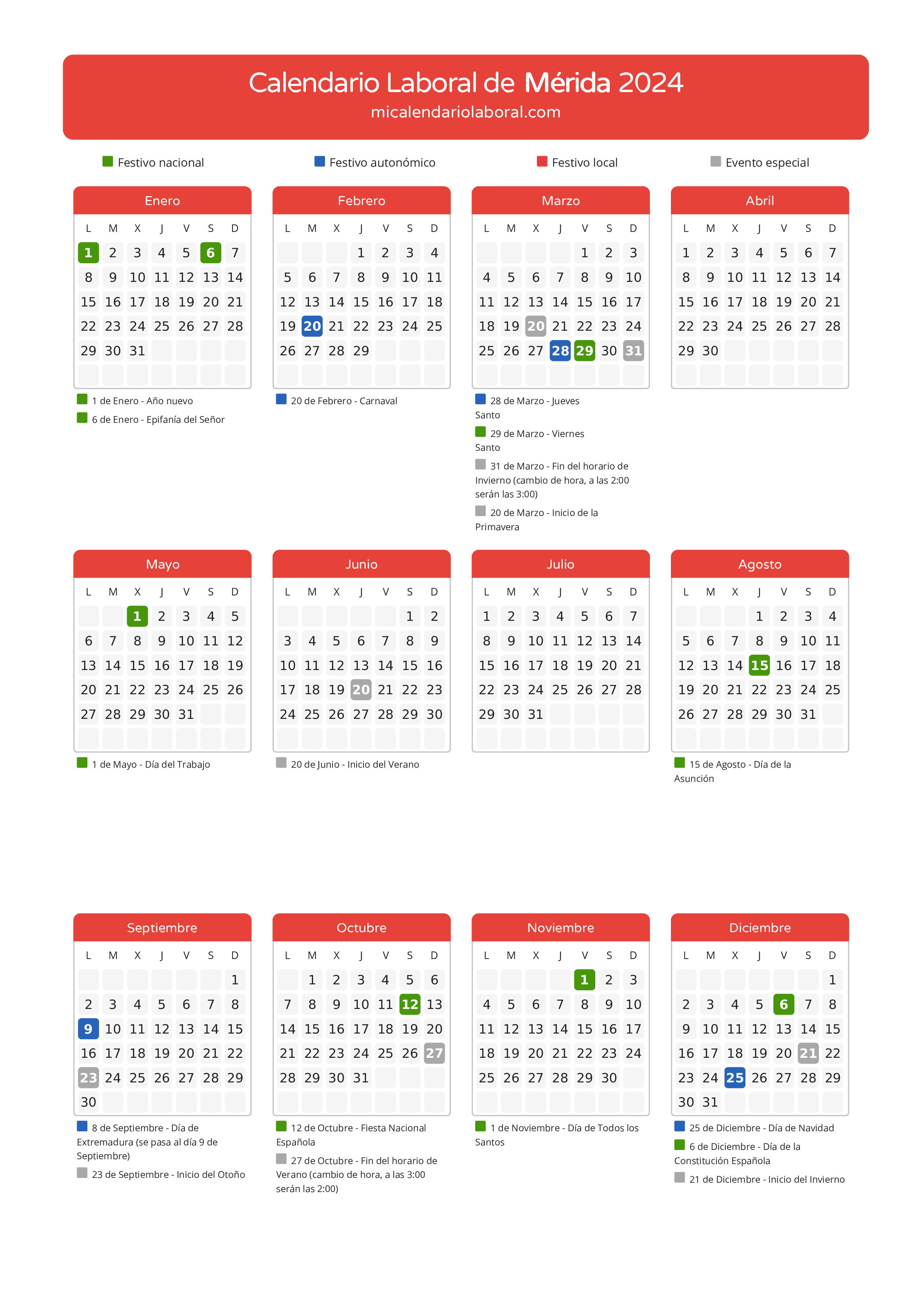 Calendario Laboral de Mérida 2024 - Días festivos - Aquí tienes todos los días festivos, no laborables y días inhábiles de la provincia del calendario de Mérida del año 2024