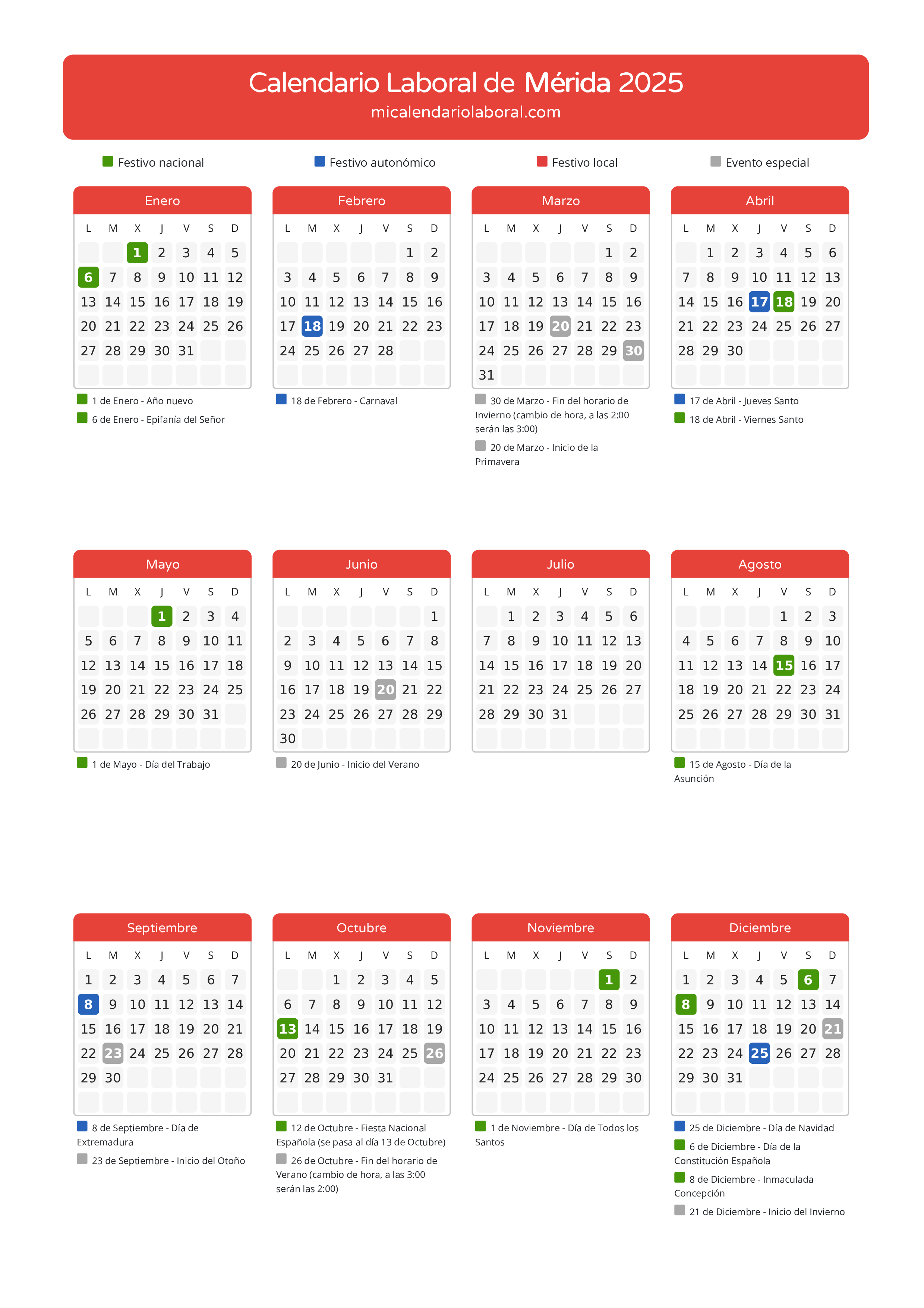 Calendario Laboral de Mérida 2025 - Días festivos - Aquí tienes todos los días festivos, no laborables y días inhábiles de la provincia del calendario de Mérida del año 2025