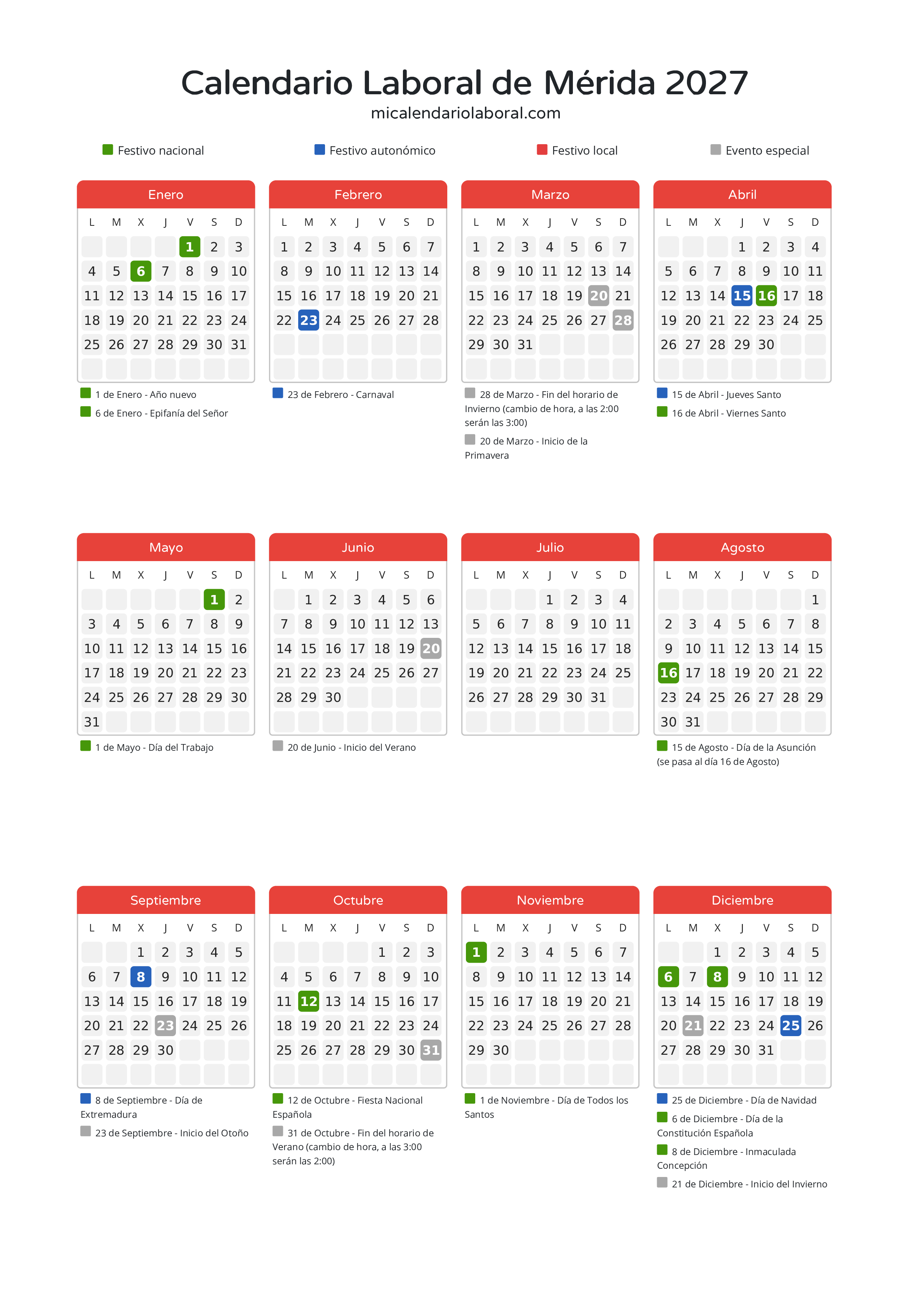 Calendario Laboral de Mérida 2027 - Días festivos - Descubre todos los festivos, días no laborables y días inhábiles en el calendario de Mérida propuestos por Junta de Extremadura. Organiza tus vacaciones y puentes en 2027.