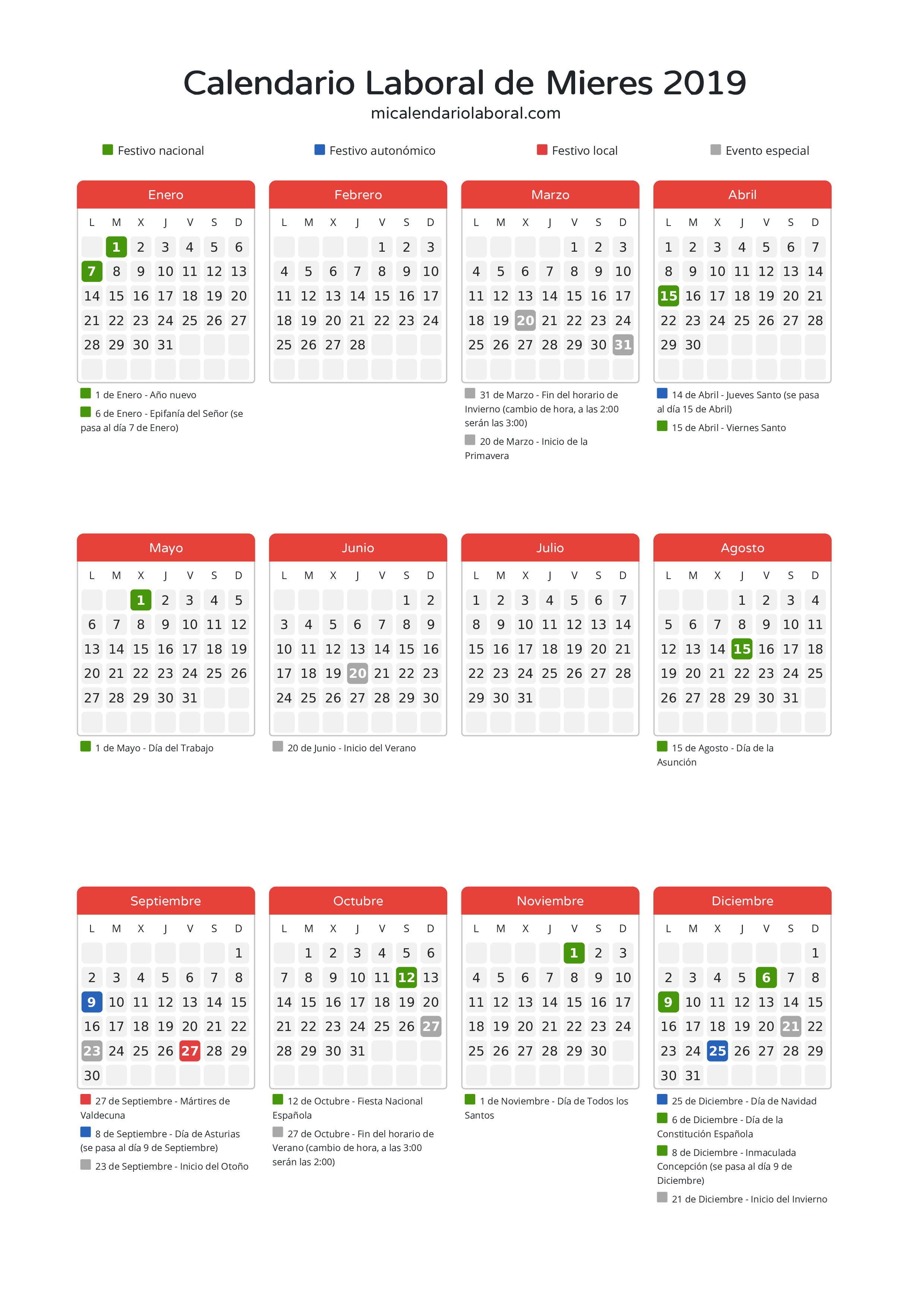 Calendario Laboral de Mieres 2019 - Días festivos - Descubre todos los festivos, días no laborables y días inhábiles en el calendario de Mieres propuestos por Gobierno del Principado de Asturias. Organiza tus vacaciones y puentes en 2019.
