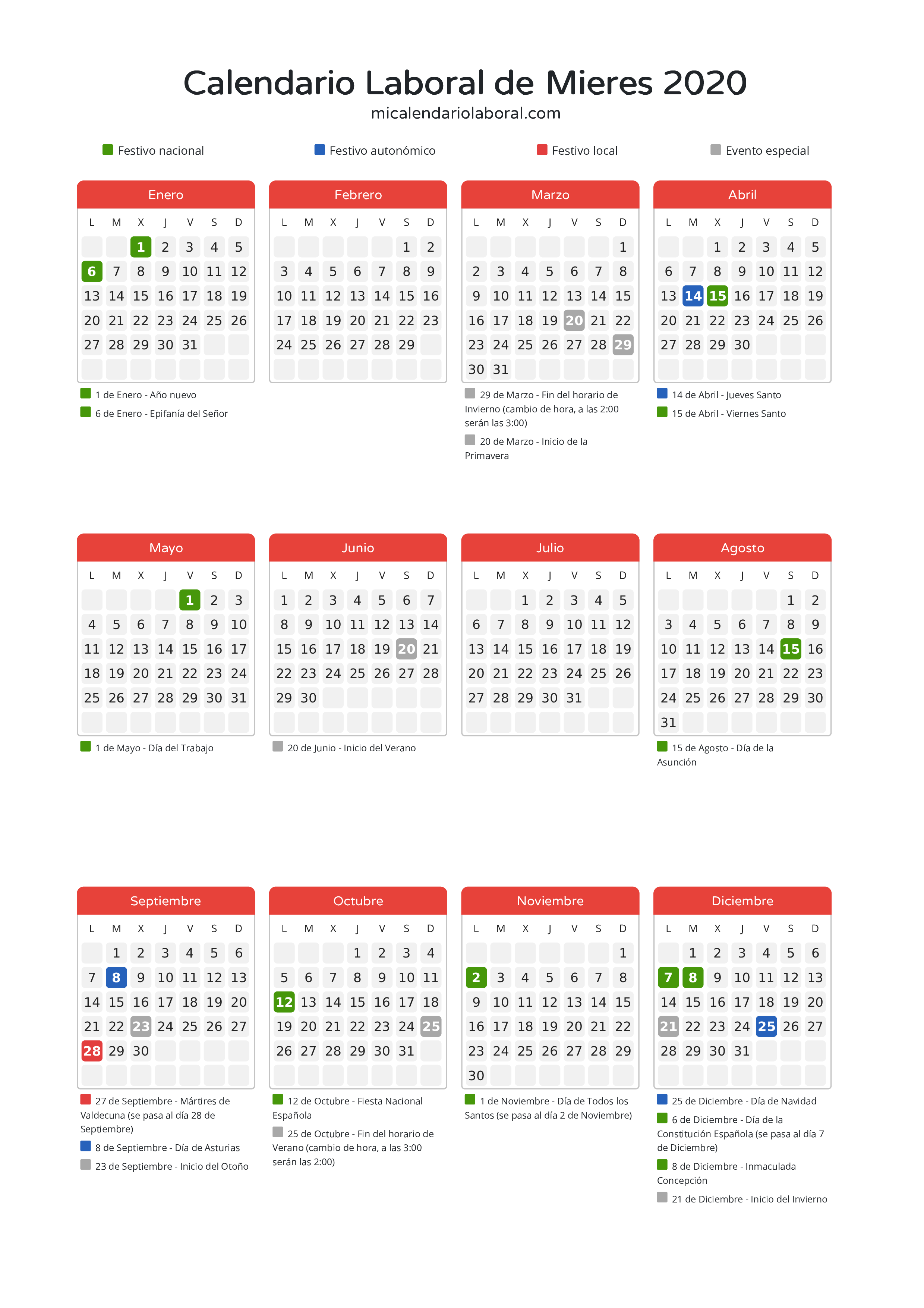 Calendario Laboral de Mieres 2020 - Días festivos - Descubre todos los festivos, días no laborables y días inhábiles en el calendario de Mieres propuestos por Gobierno del Principado de Asturias. Organiza tus vacaciones y puentes en 2020.