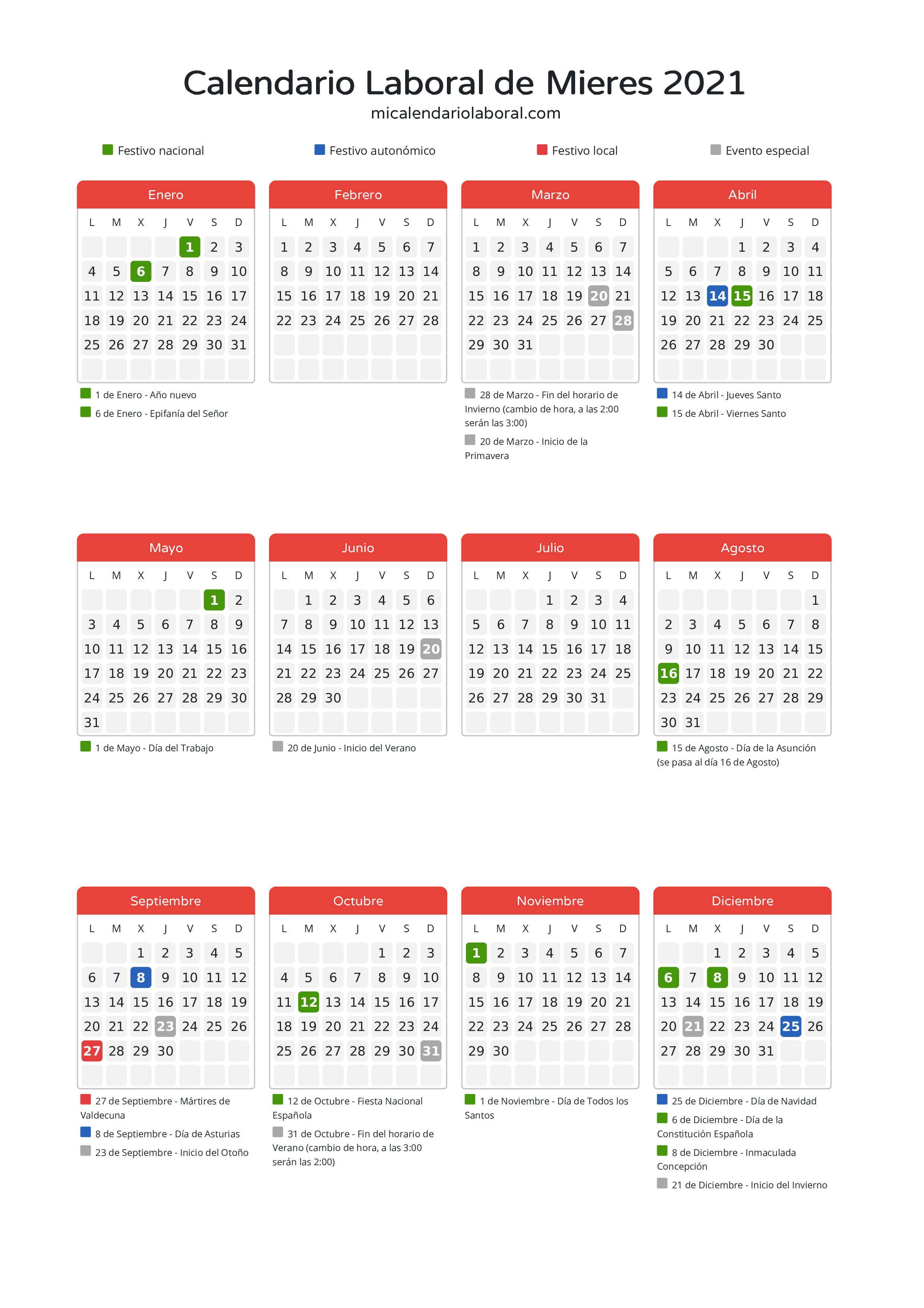Calendario Laboral de Mieres 2021 - Días festivos - Descubre todos los festivos, días no laborables y días inhábiles en el calendario de Mieres propuestos por Gobierno del Principado de Asturias. Organiza tus vacaciones y puentes en 2021.