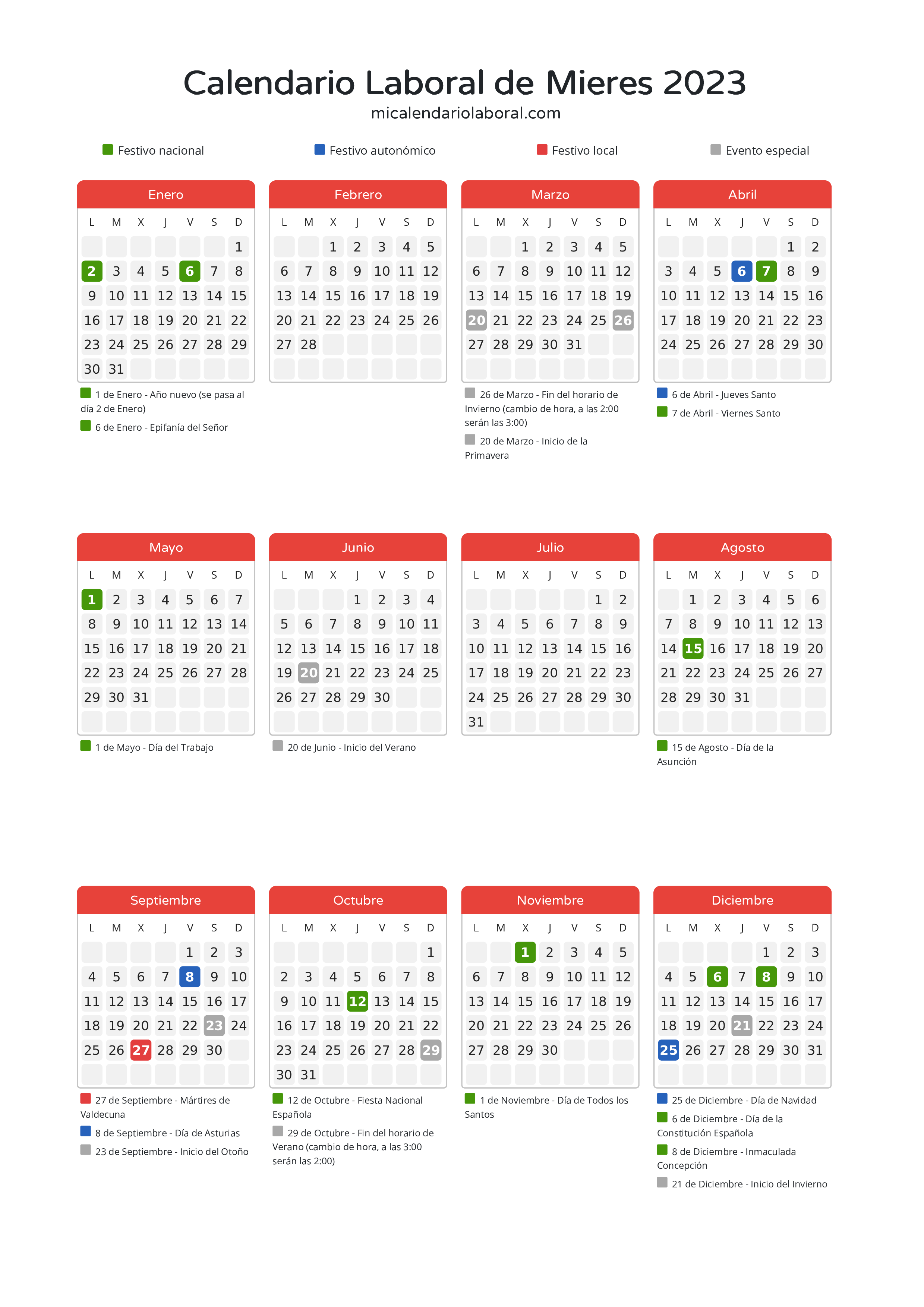 Calendario Laboral de Mieres 2023 - Días festivos - Aquí tienes todos los días festivos, no laborables y días inhábiles de la provincia del calendario de Mieres del año 2023