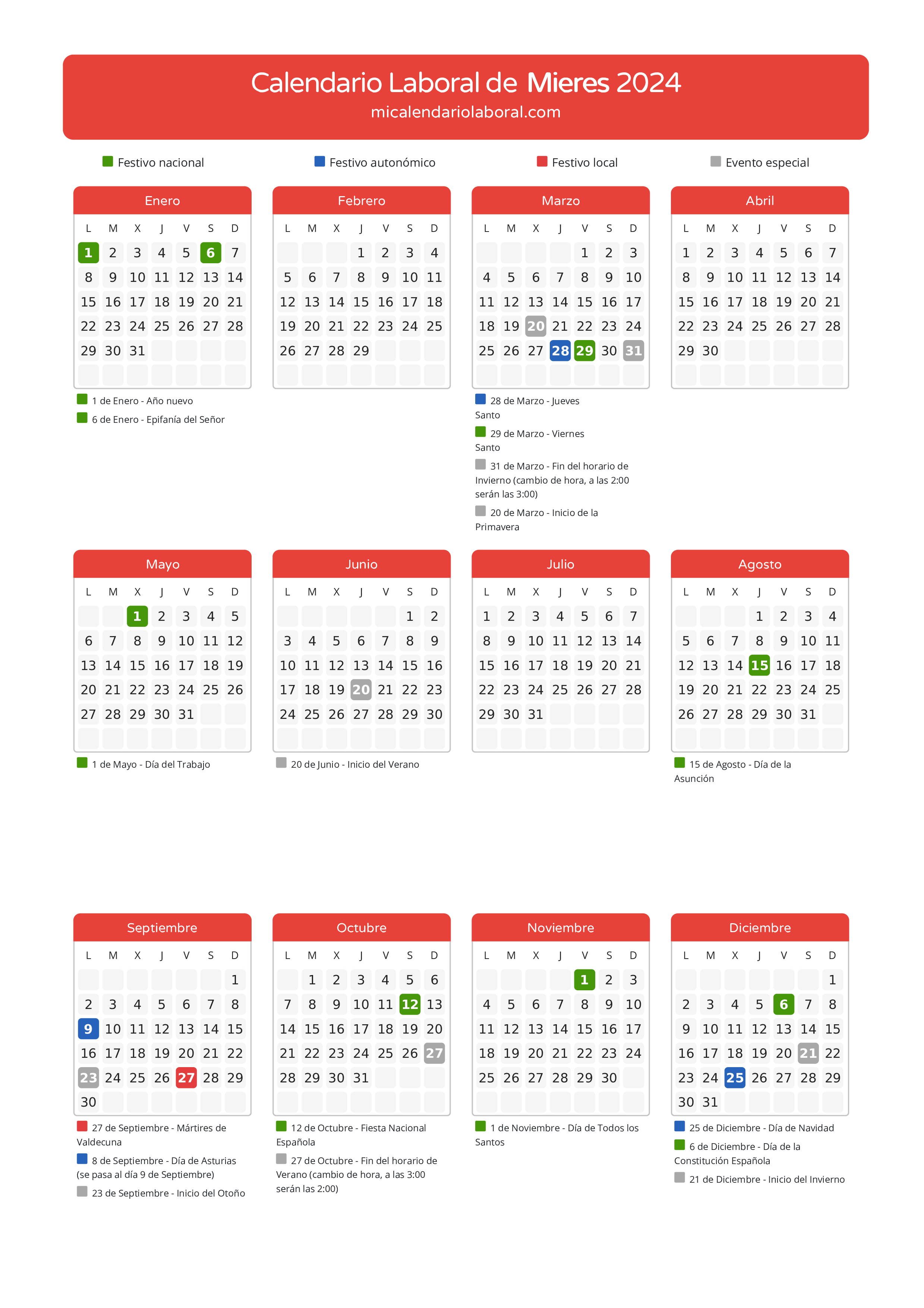 Calendario Laboral de Mieres 2024 - Días festivos - Aquí tienes todos los días festivos, no laborables y días inhábiles de la provincia del calendario de Mieres del año 2024