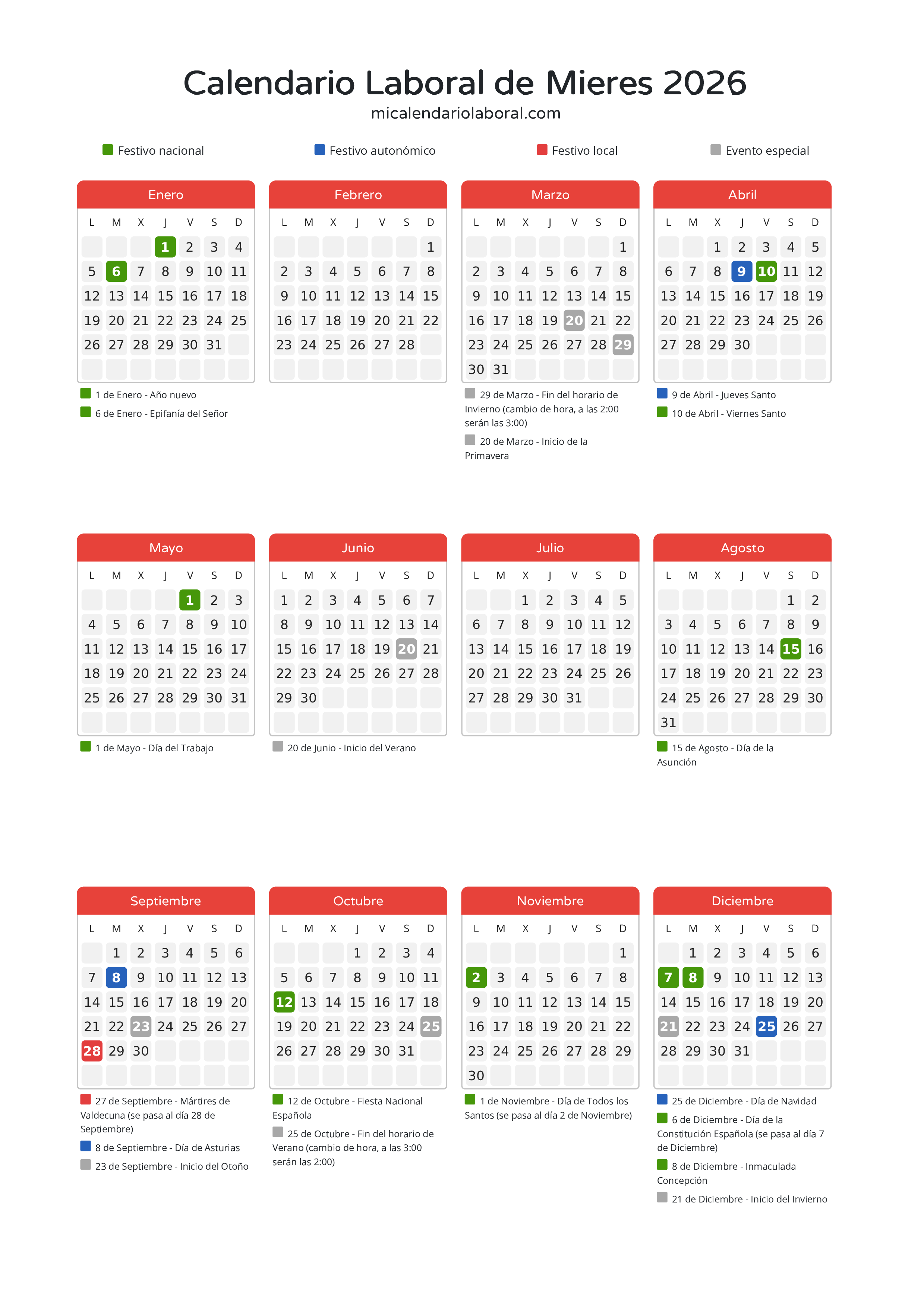 Calendario Laboral de Mieres 2026 - Días festivos - Descubre todos los festivos, días no laborables y días inhábiles en el calendario de Mieres propuestos por Gobierno del Principado de Asturias. Organiza tus vacaciones y puentes en 2026.