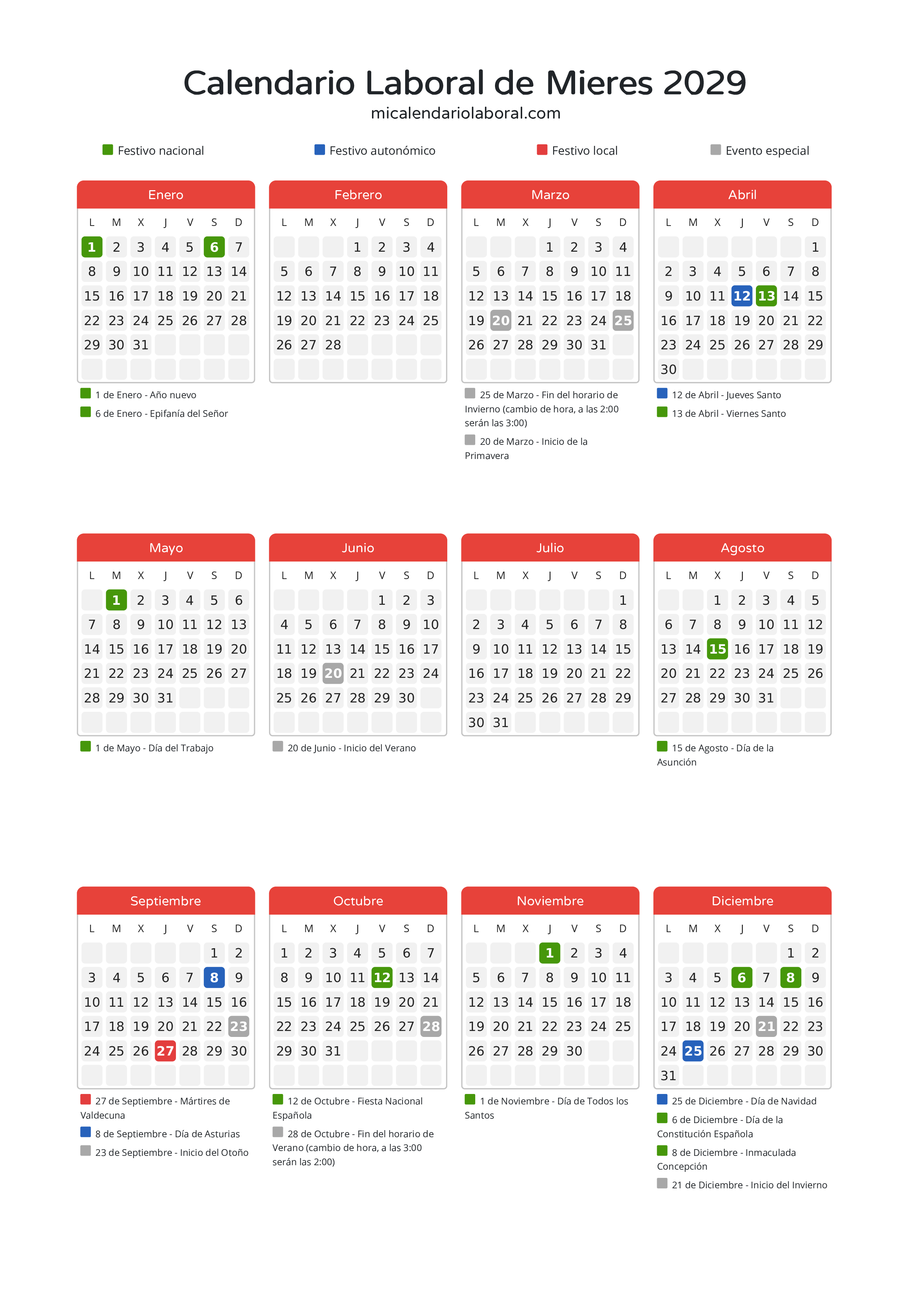 Calendario Laboral de Mieres 2029 - Días festivos - Descubre todos los festivos, días no laborables y días inhábiles en el calendario de Mieres propuestos por Gobierno del Principado de Asturias. Organiza tus vacaciones y puentes en 2029.