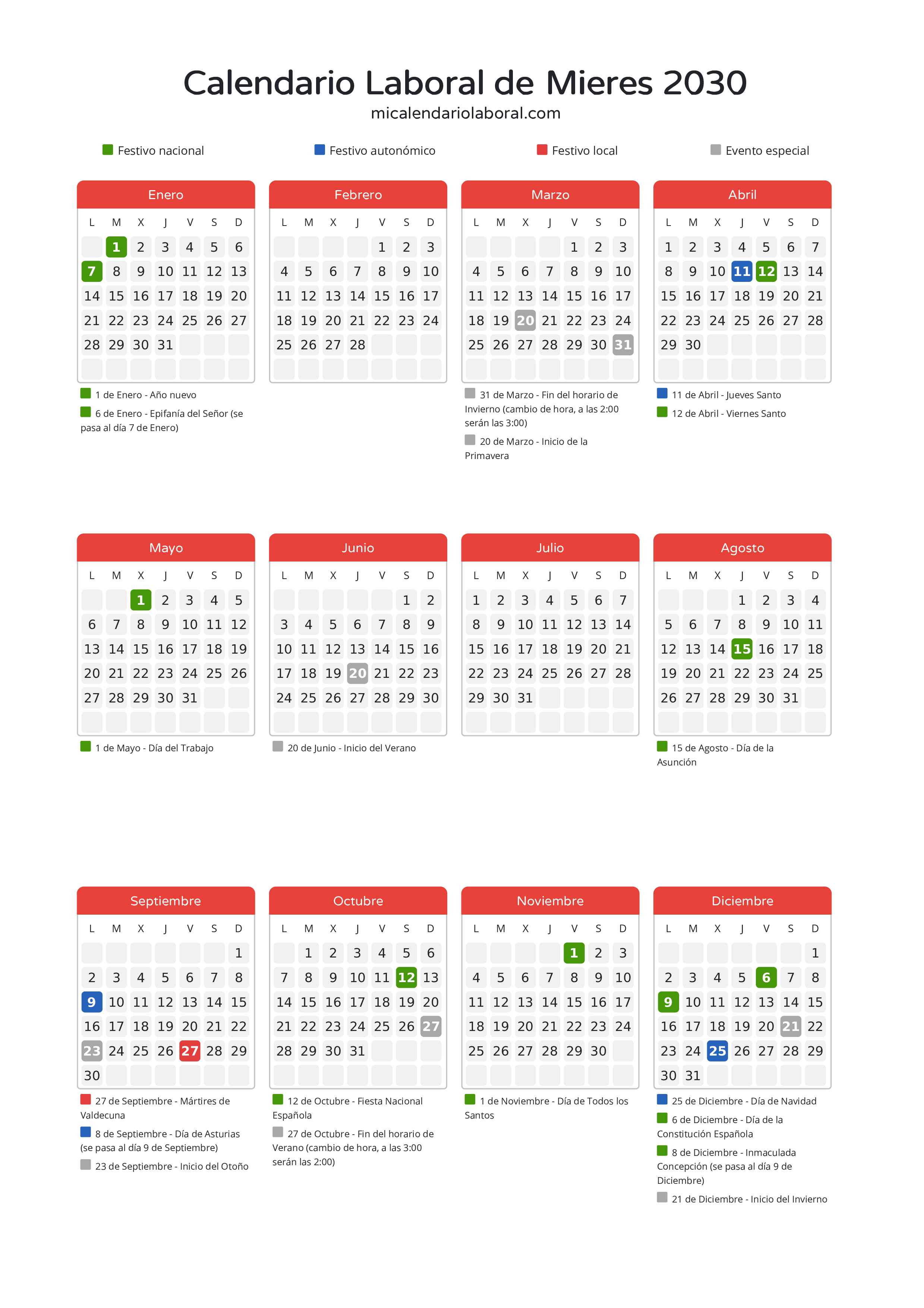 Calendario Laboral de Mieres 2030 - Días festivos - Todos los festivos y días no laborables del calendario de Mieres propuestos por Gobierno del Principado de Asturias. Organiza tus vacaciones y puentes en 2030.