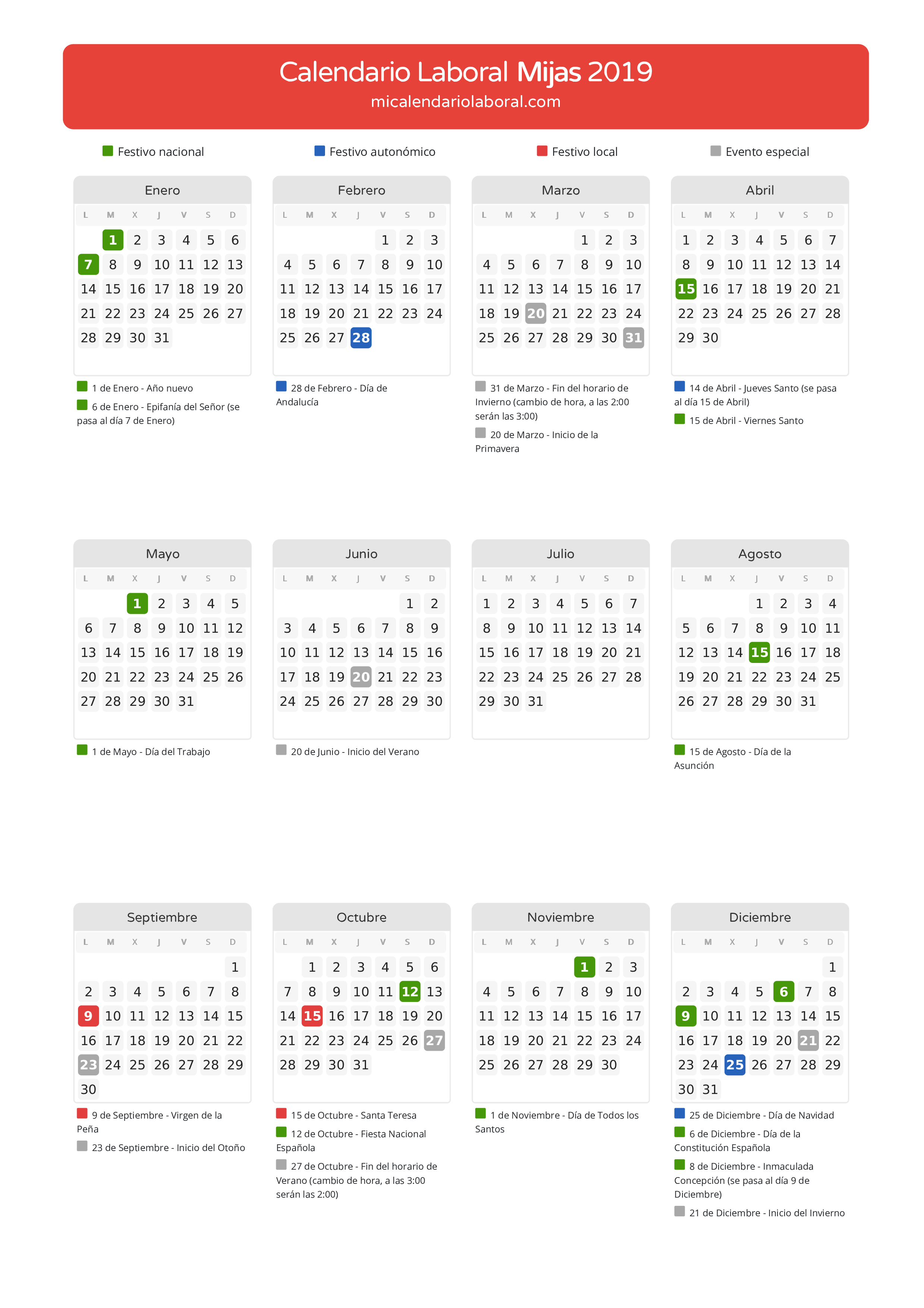 Calendario Laboral de Mijas 2019 - Días festivos - Descubre todos los festivos, días no laborables y días inhábiles en el calendario de Mijas propuestos por Junta de Andalucía. Organiza tus vacaciones y puentes en 2019.