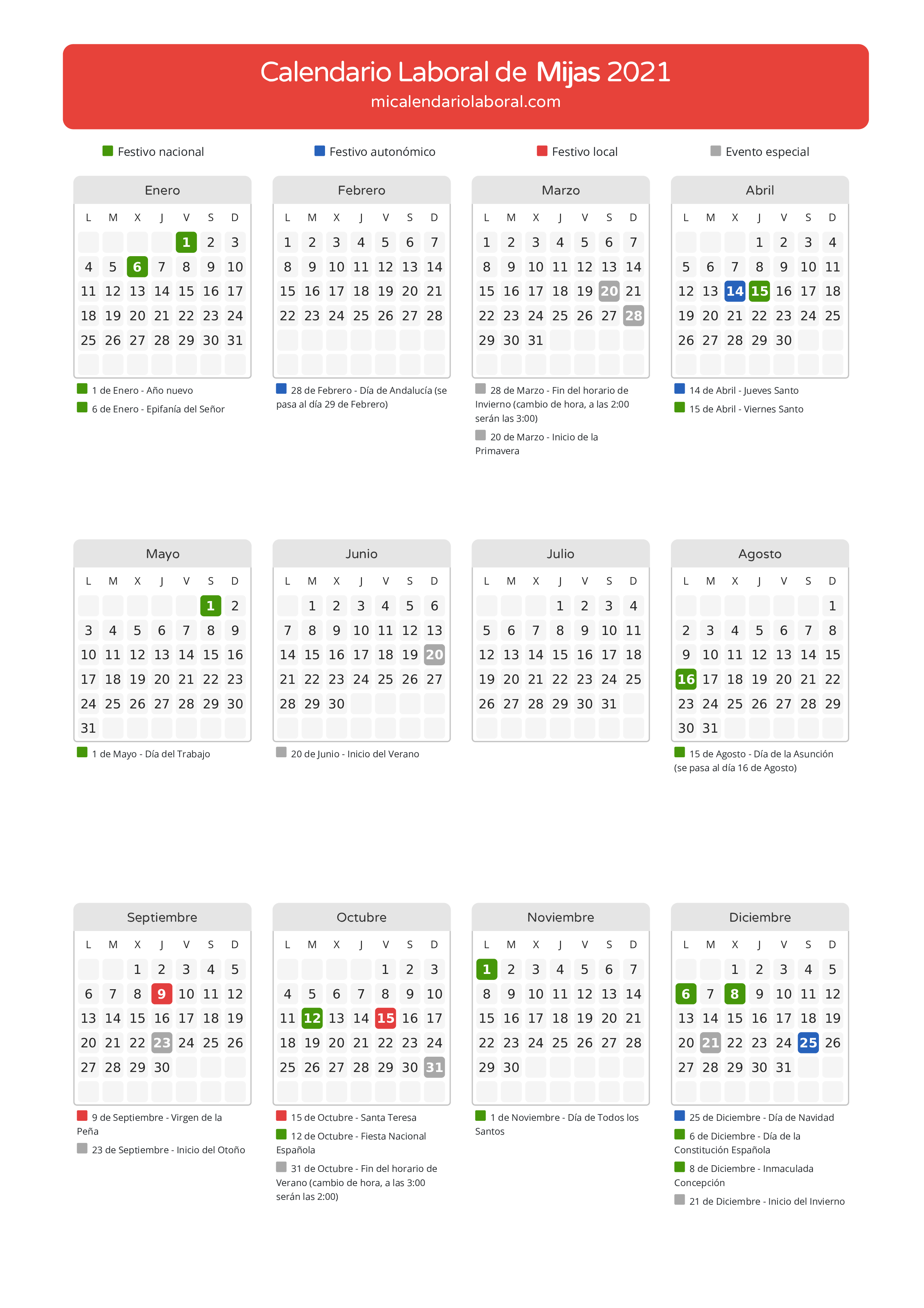 Calendario Laboral de Mijas 2021 - Días festivos - Descubre todos los festivos, días no laborables y días inhábiles en el calendario de Mijas propuestos por Junta de Andalucía. Organiza tus vacaciones y puentes en 2021.