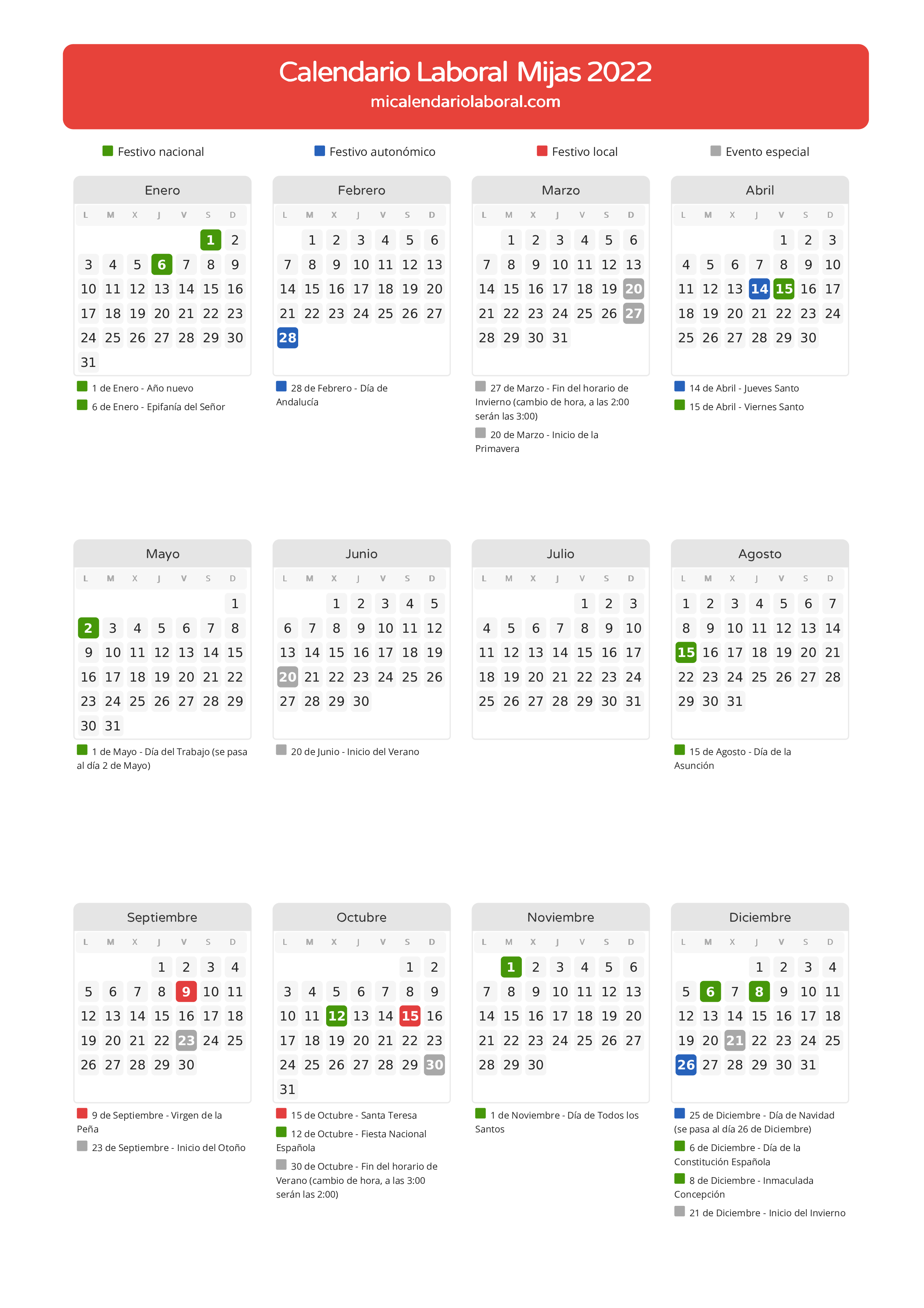 Calendario Laboral de Mijas 2022 - Días festivos - Todos los festivos y días no laborables del calendario de Mijas propuestos por Junta de Andalucía. Organiza tus vacaciones y puentes en 2022.