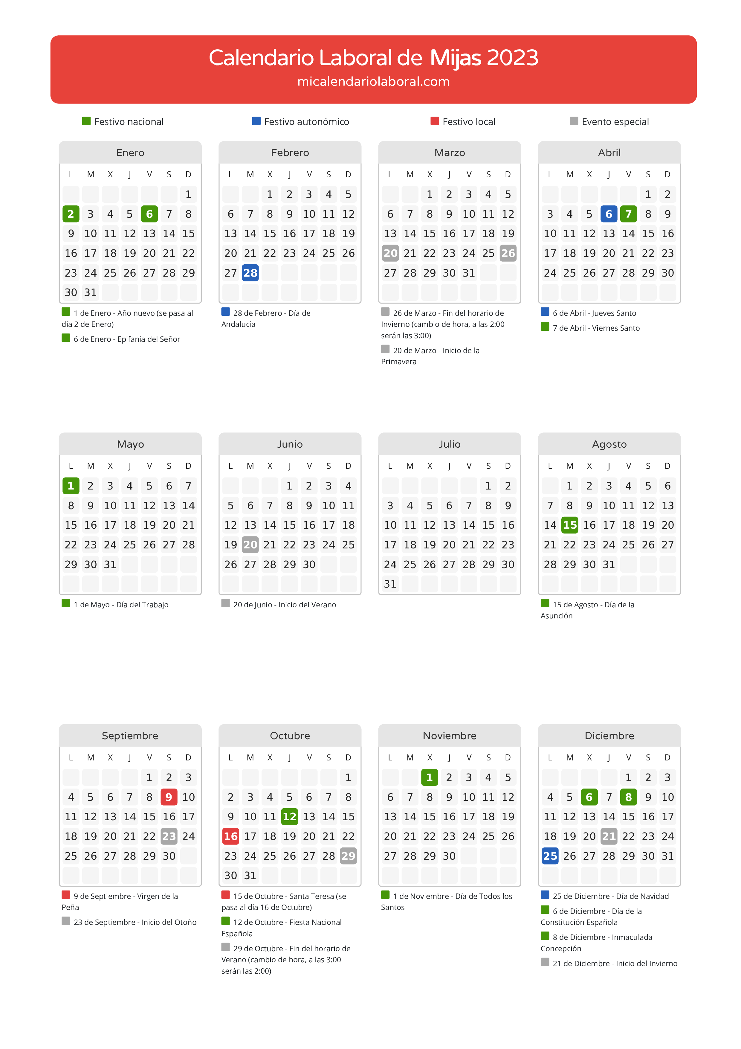 Calendario Laboral de Mijas 2023 - Días festivos - Aquí tienes todos los días festivos, no laborables y días inhábiles de la provincia del calendario de Mijas del año 2023