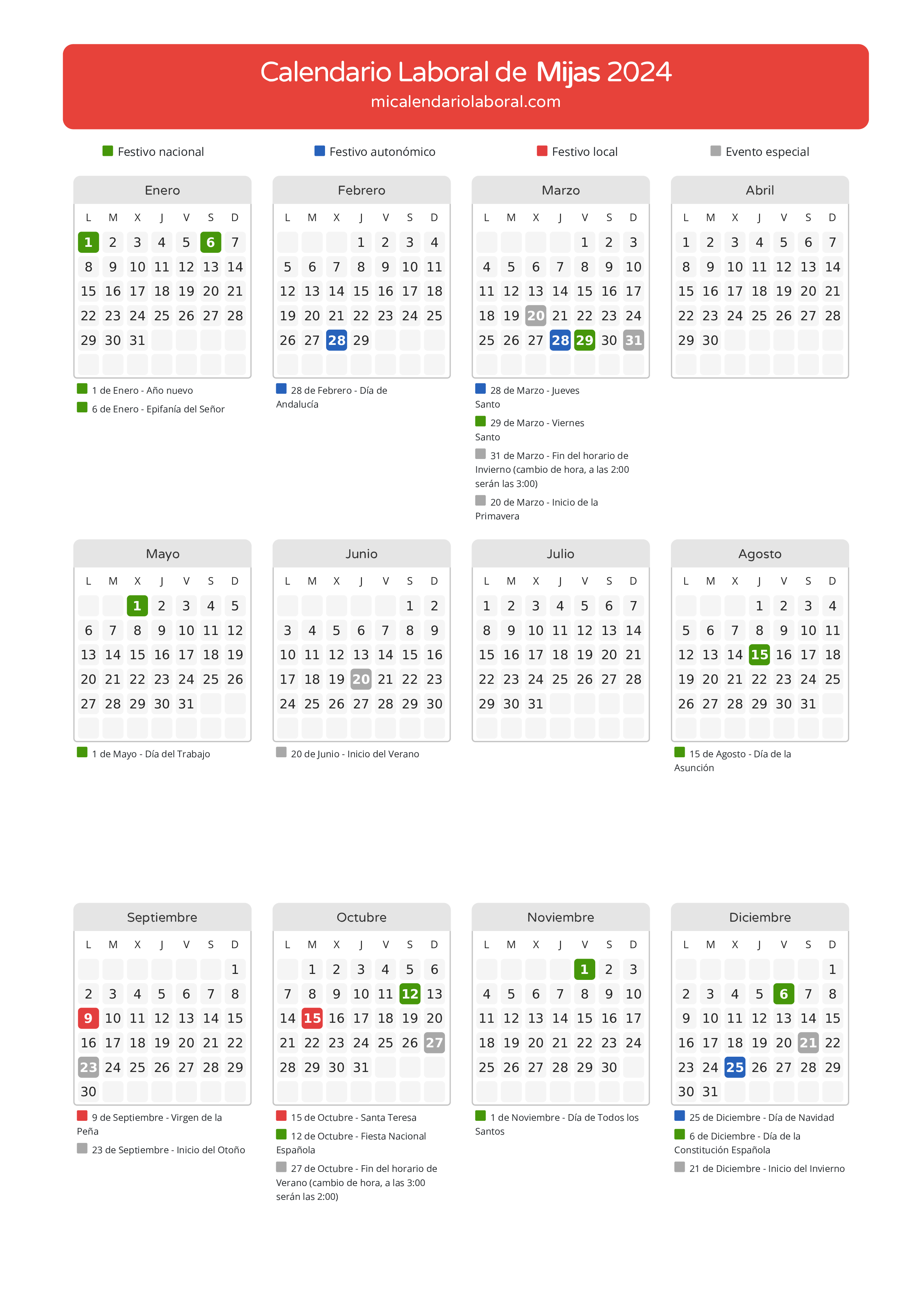 Calendario Laboral de Mijas 2024 - Días festivos - Aquí tienes todos los días festivos, no laborables y días inhábiles de la provincia del calendario de Mijas del año 2024