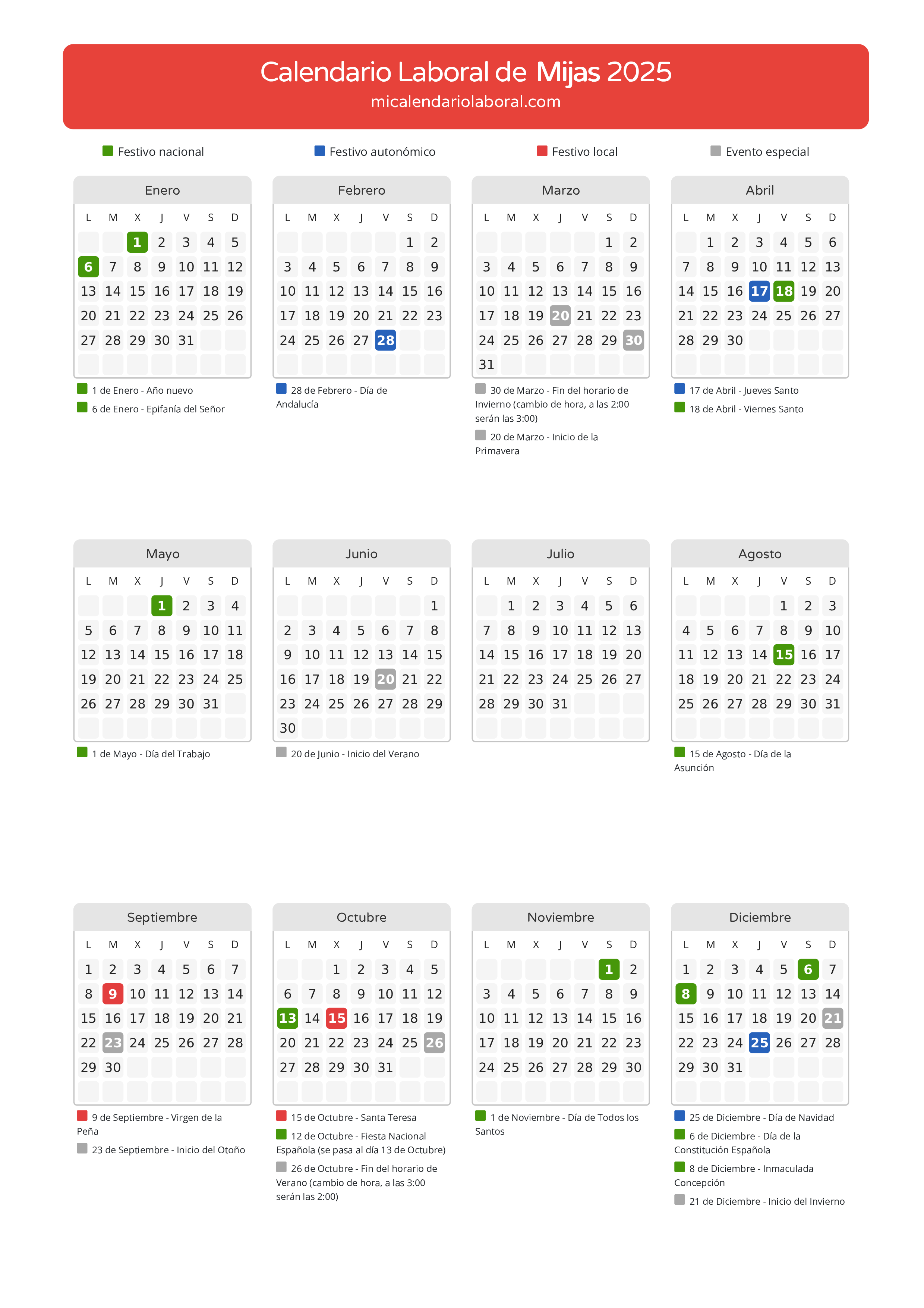 Calendario Laboral de Mijas 2025 - Días festivos - Aquí tienes todos los días festivos, no laborables y días inhábiles de la provincia del calendario de Mijas del año 2025