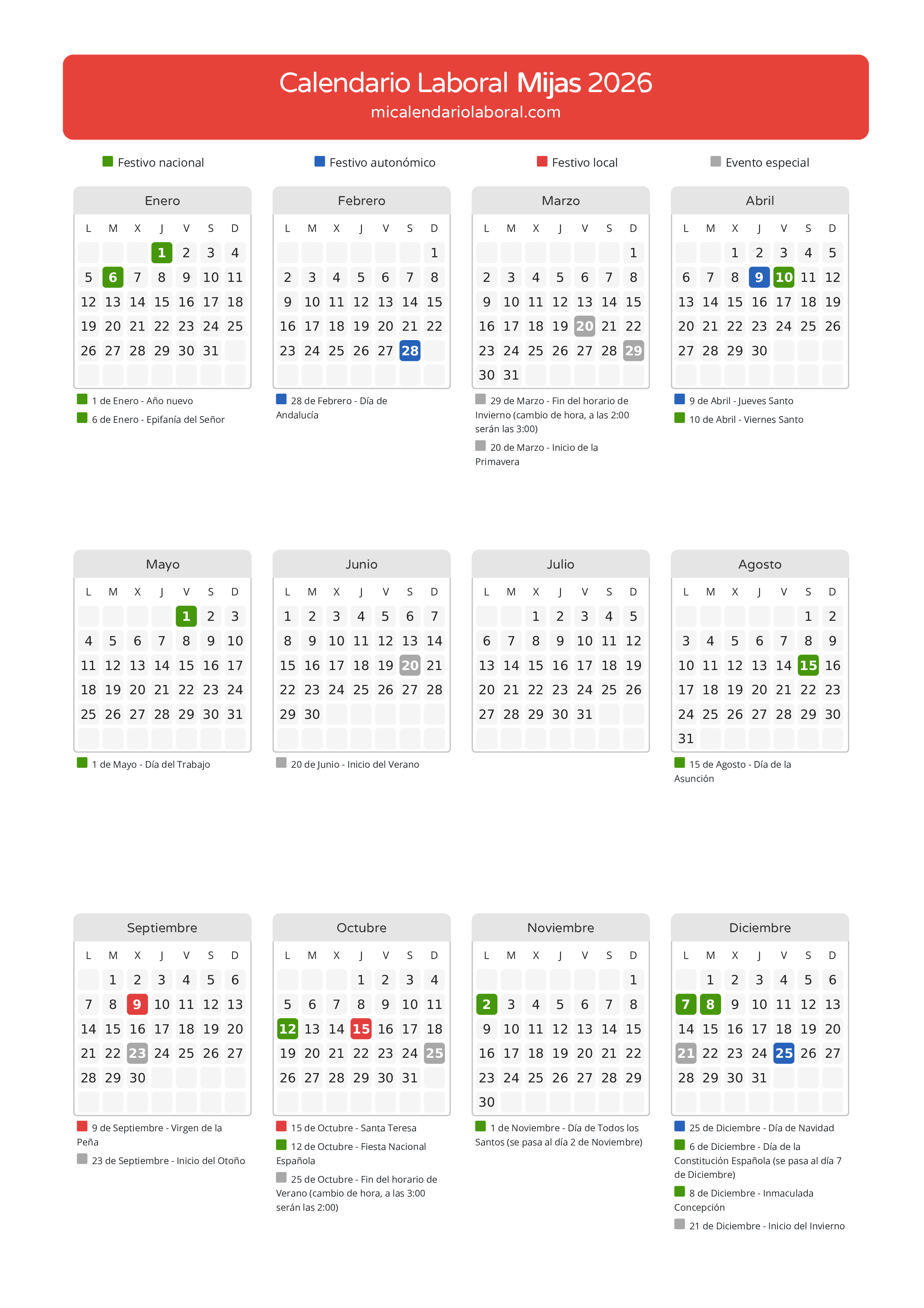Calendario Laboral de Mijas 2026 - Días festivos - Descubre todos los festivos, días no laborables y días inhábiles en el calendario de Mijas propuestos por Junta de Andalucía. Organiza tus vacaciones y puentes en 2026.