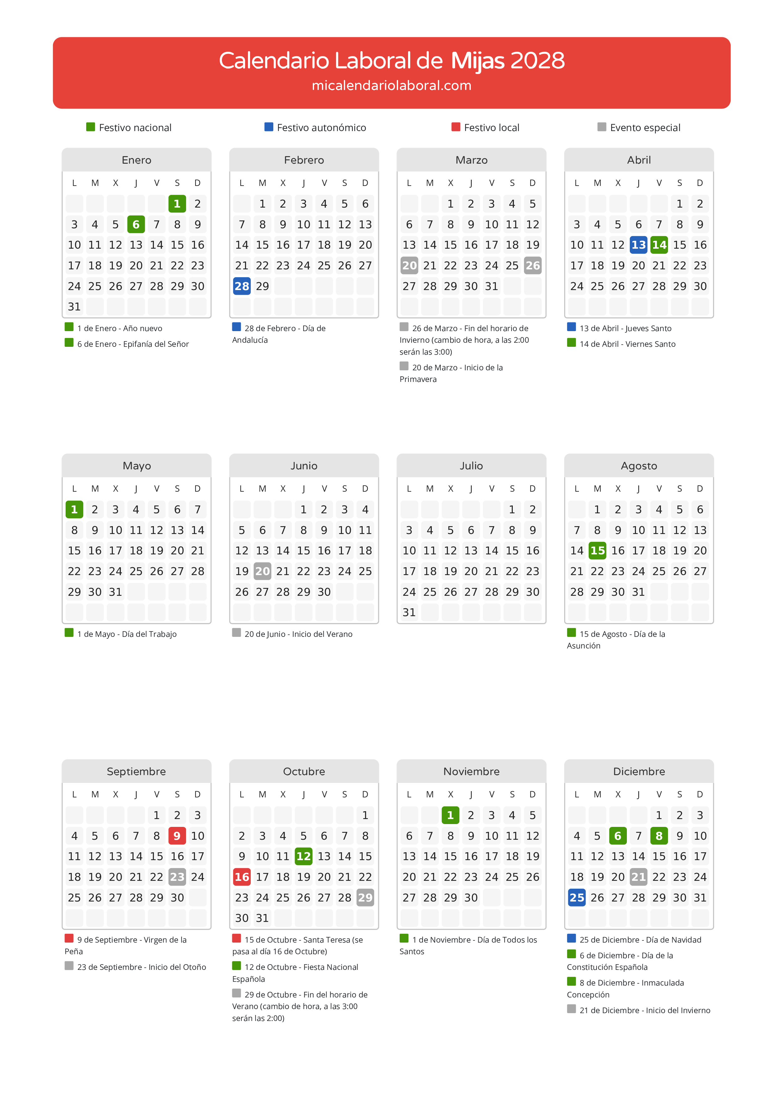 Calendario Laboral de Mijas 2028 - Días festivos - Todos los festivos y días no laborables del calendario de Mijas propuestos por Junta de Andalucía. Organiza tus vacaciones y puentes en 2028.