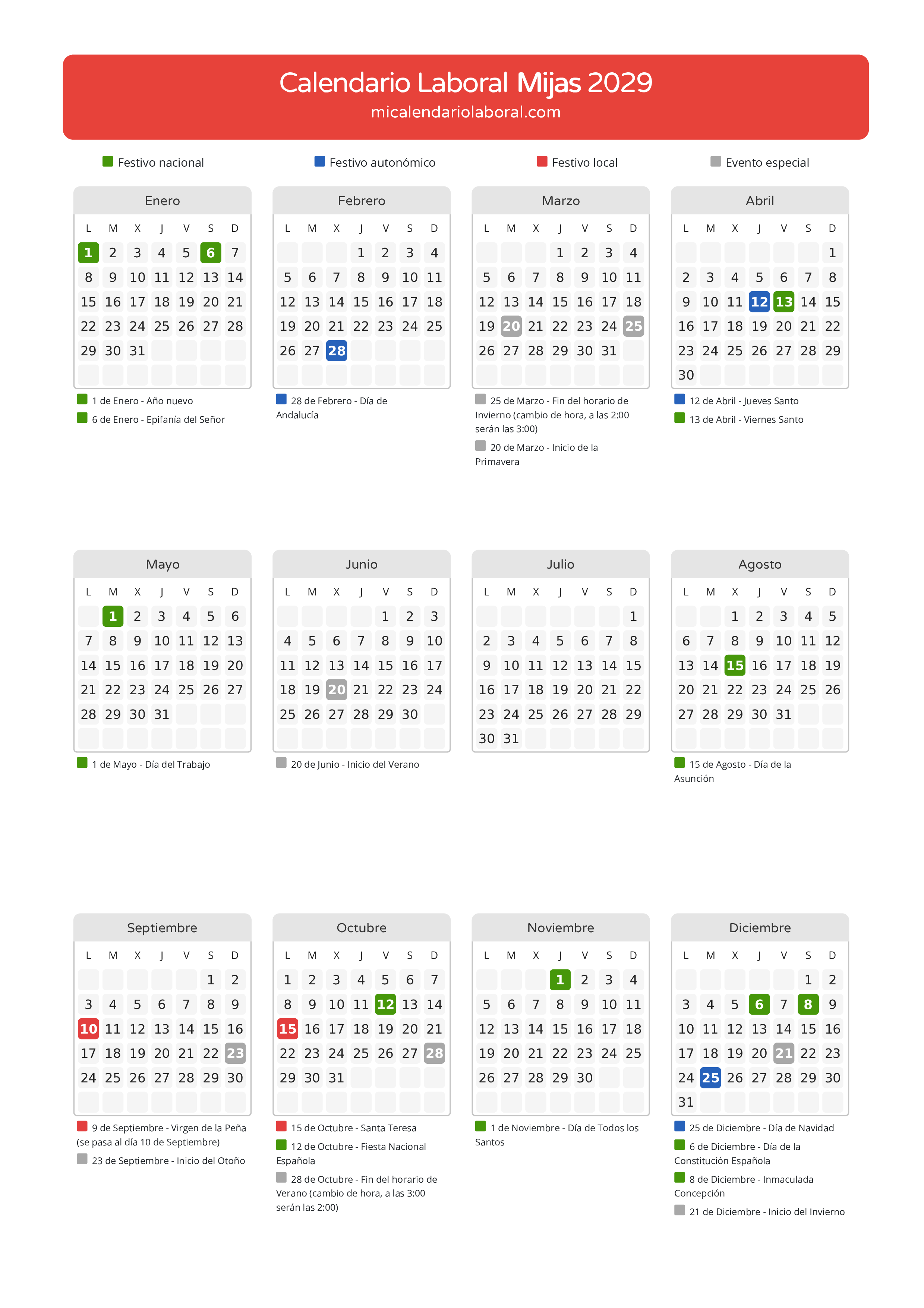 Calendario Laboral de Mijas 2029 - Días festivos - Descubre todos los festivos, días no laborables y días inhábiles en el calendario de Mijas propuestos por Junta de Andalucía. Organiza tus vacaciones y puentes en 2029.