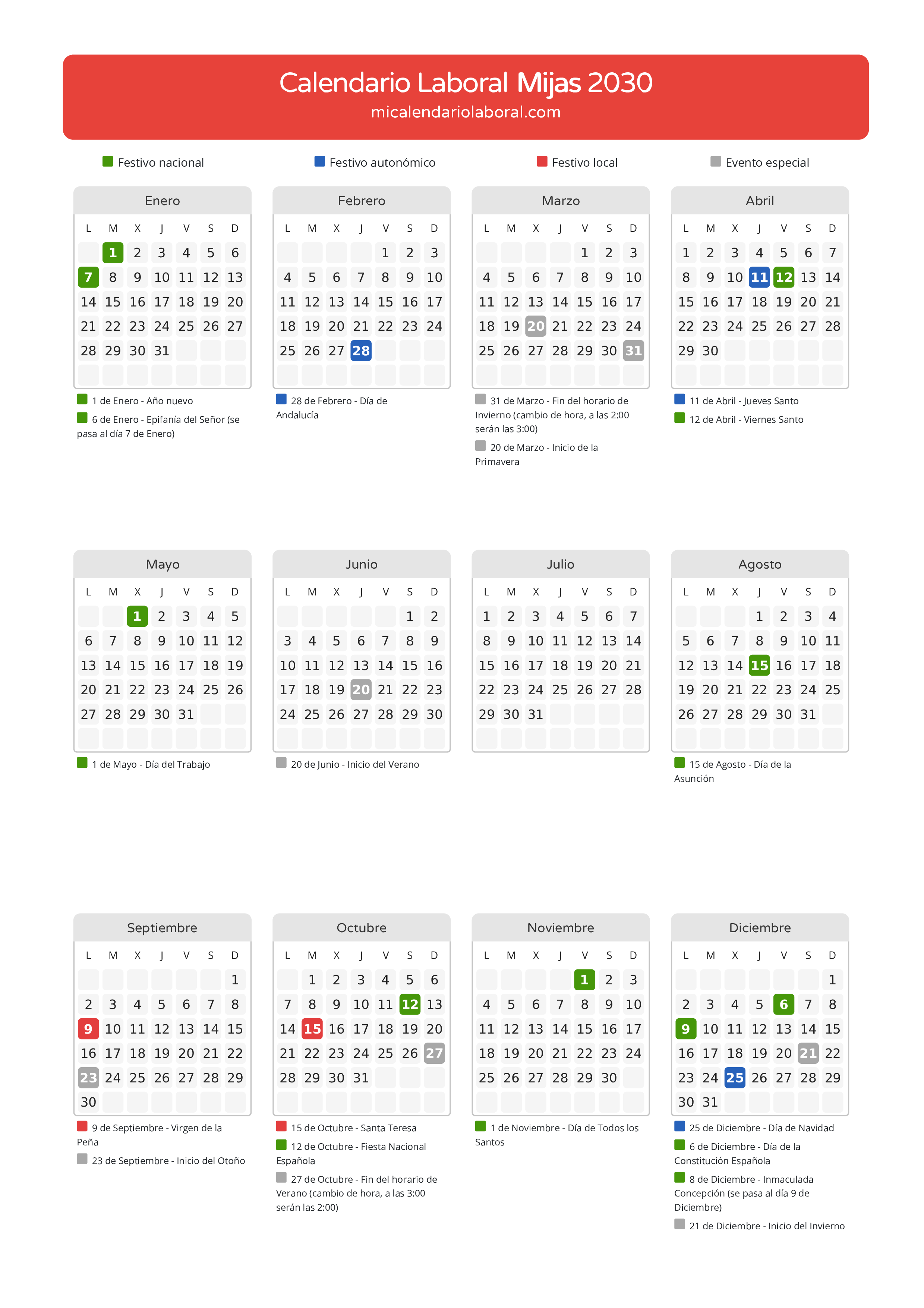 Calendario Laboral de Mijas 2030 - Días festivos - Todos los festivos y días no laborables del calendario de Mijas propuestos por Junta de Andalucía. Organiza tus vacaciones y puentes en 2030.