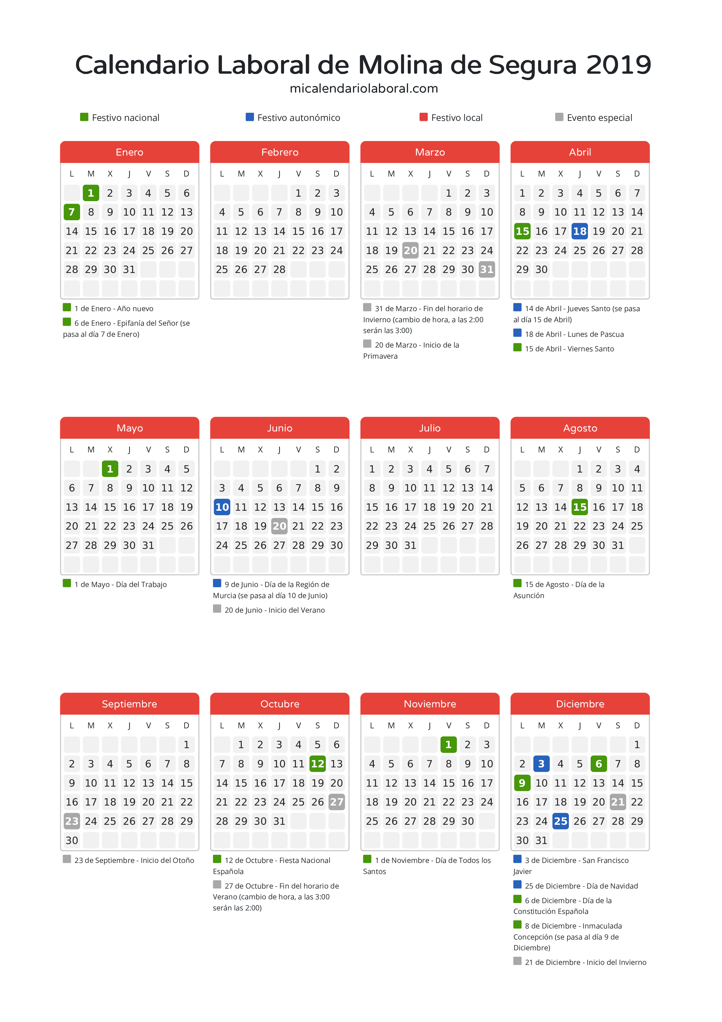 Calendario Laboral de Molina de Segura 2019 - Días festivos - Descubre todos los festivos, días no laborables y días inhábiles en el calendario de Molina de Segura propuestos por Gobierno de la Región Murcia. Organiza tus vacaciones y puentes en 2019.