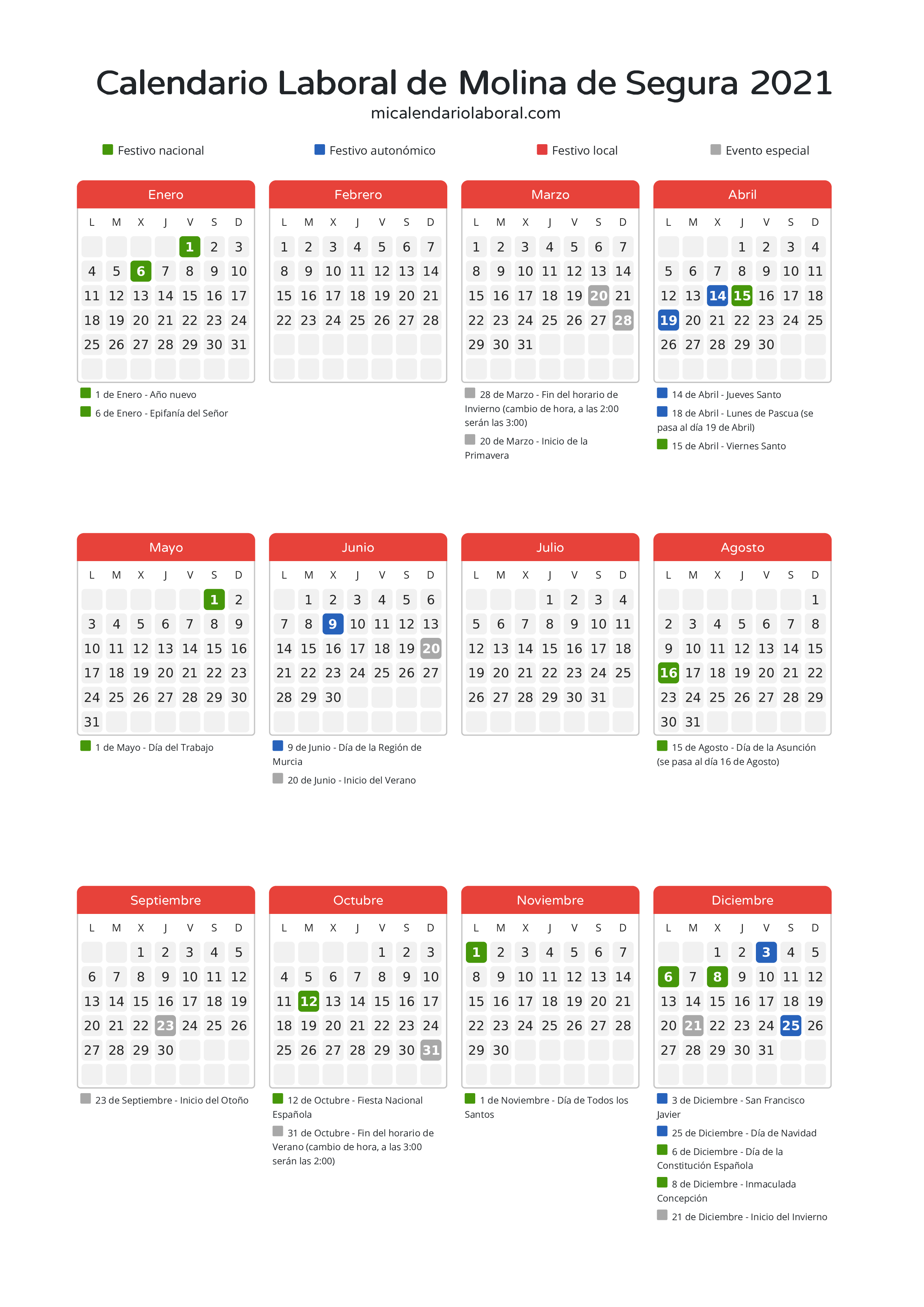 Calendario Laboral de Molina de Segura 2021 - Días festivos - Descubre todos los festivos, días no laborables y días inhábiles en el calendario de Molina de Segura propuestos por Gobierno de la Región Murcia. Organiza tus vacaciones y puentes en 2021.