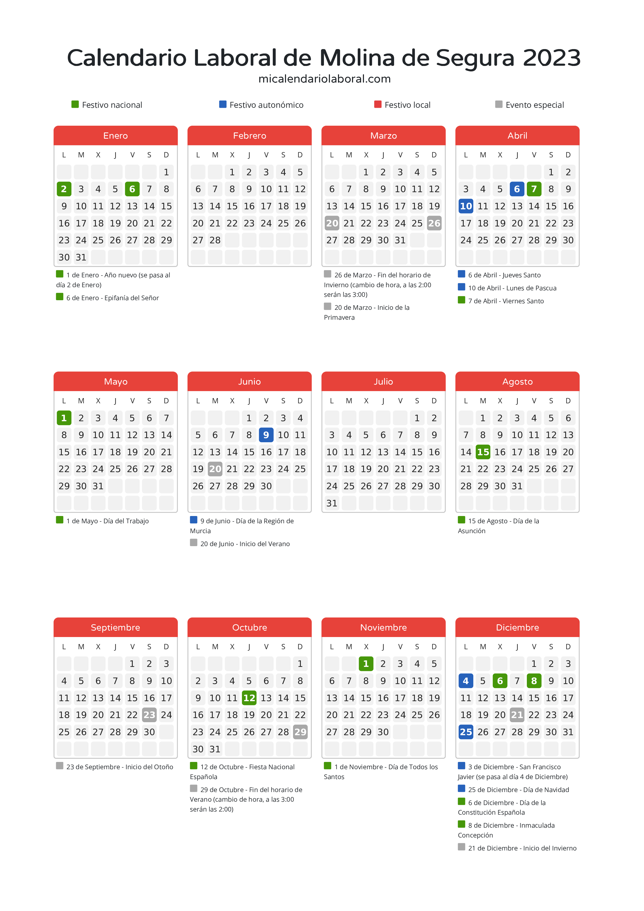 Calendario Laboral de Molina de Segura 2023 - Días festivos - Descubre todos los festivos, días no laborables y días inhábiles en el calendario de Molina de Segura propuestos por Gobierno de la Región Murcia. Organiza tus vacaciones y puentes en 2023.