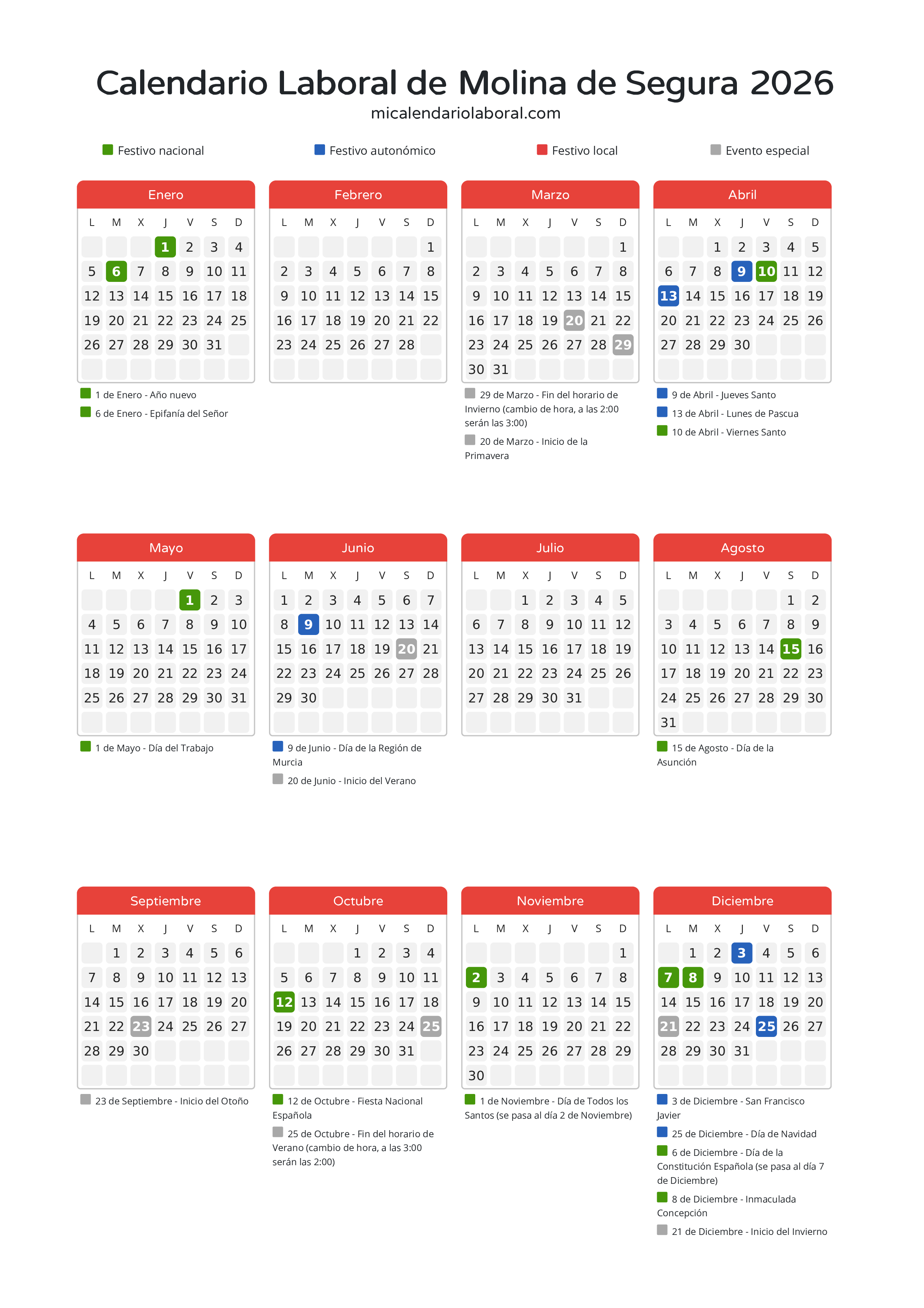 Calendario Laboral de Molina de Segura 2026 - Días festivos - Descubre todos los festivos, días no laborables y días inhábiles en el calendario de Molina de Segura propuestos por Gobierno de la Región Murcia. Organiza tus vacaciones y puentes en 2026.