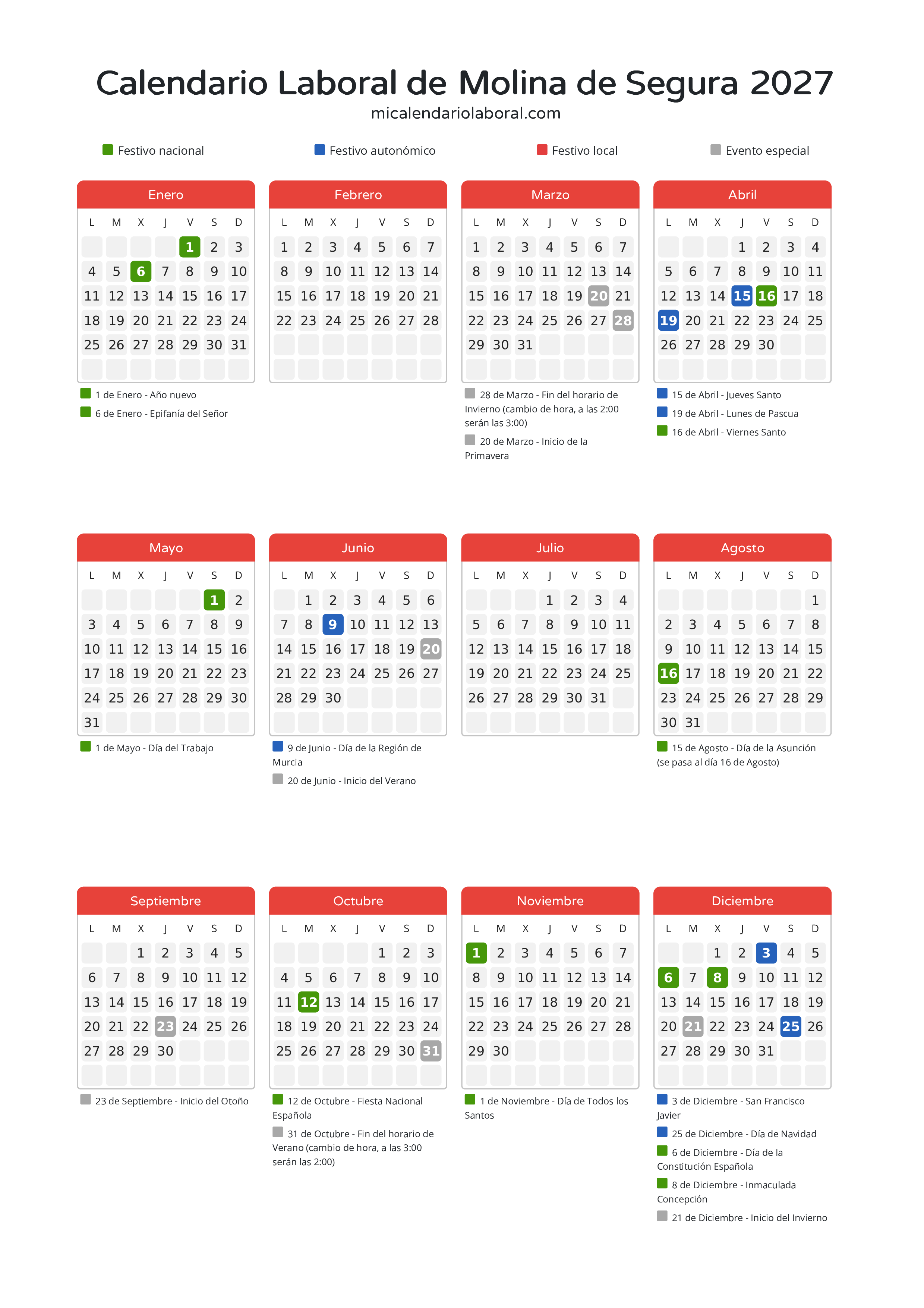 Calendario Laboral de Molina de Segura 2027 - Días festivos - Descubre todos los festivos, días no laborables y días inhábiles en el calendario de Molina de Segura propuestos por Gobierno de la Región Murcia. Organiza tus vacaciones y puentes en 2027.