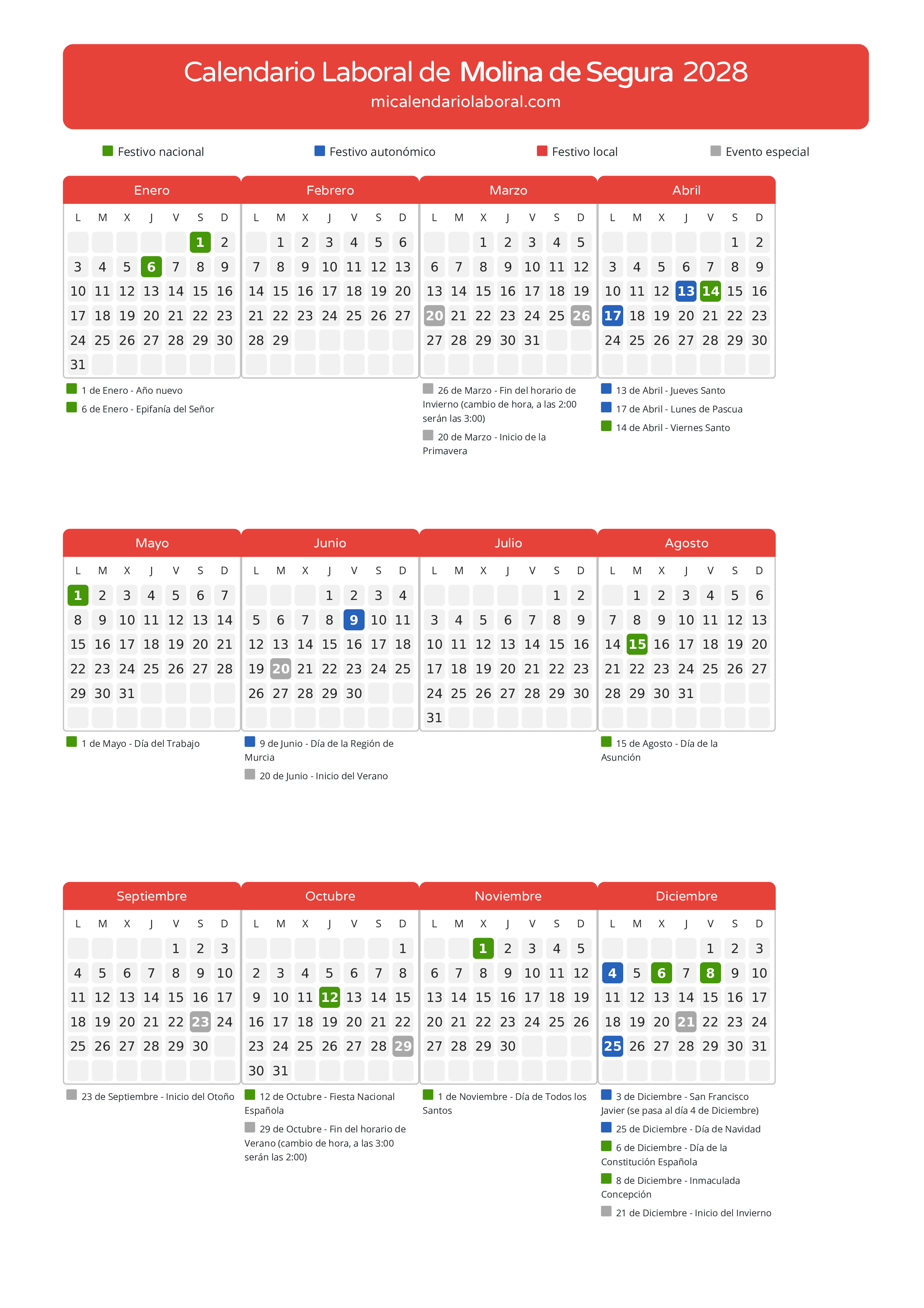 Calendario Laboral de Molina de Segura 2028 - Días festivos - Descubre todos los festivos, días no laborables y días inhábiles en el calendario de Molina de Segura propuestos por Gobierno de la Región Murcia. Organiza tus vacaciones y puentes en 2028.