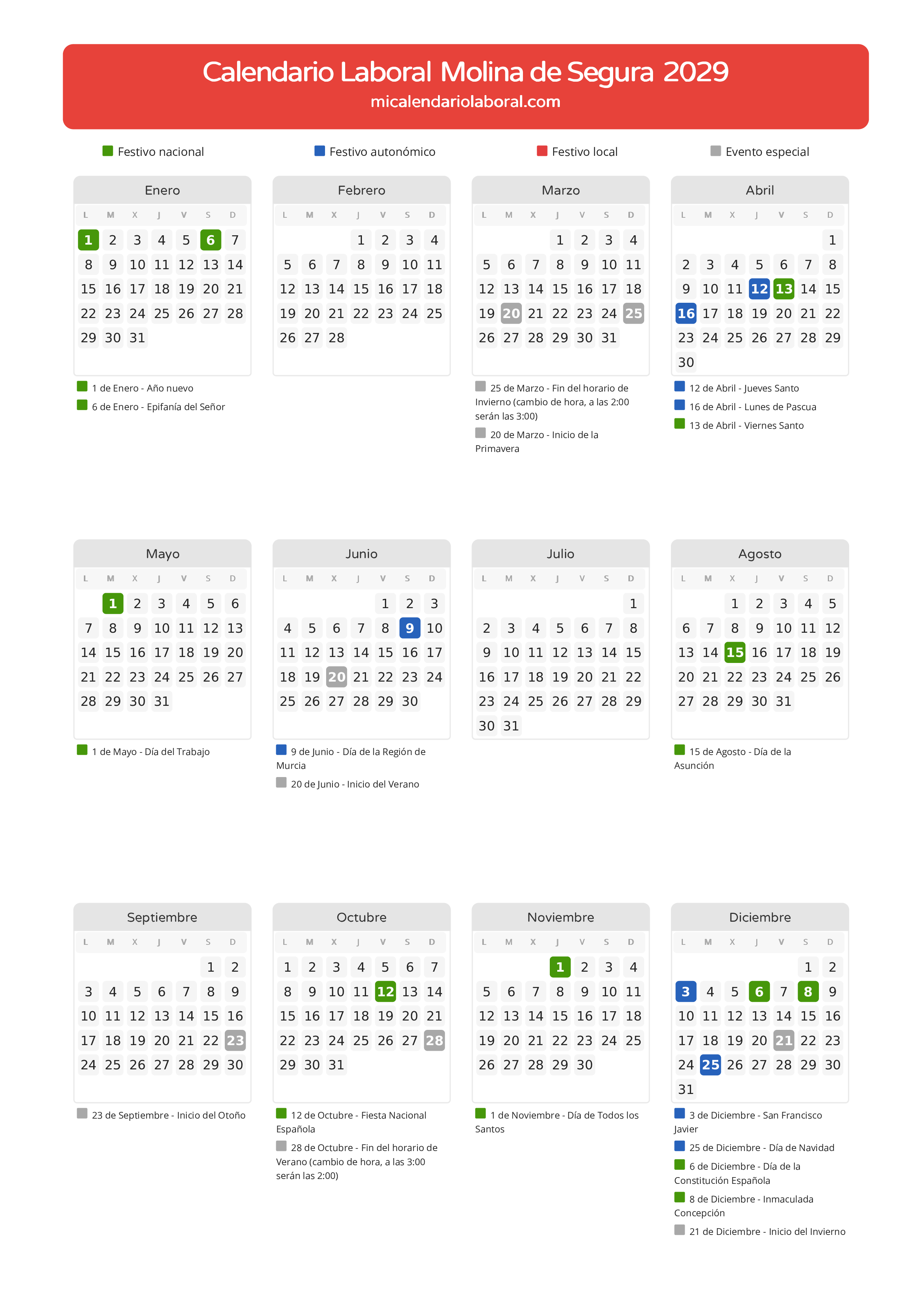 Calendario Laboral de Molina de Segura 2029 - Días festivos - Todos los festivos y días no laborables del calendario de Molina de Segura propuestos por Gobierno de la Región Murcia. Organiza tus vacaciones y puentes en 2029.
