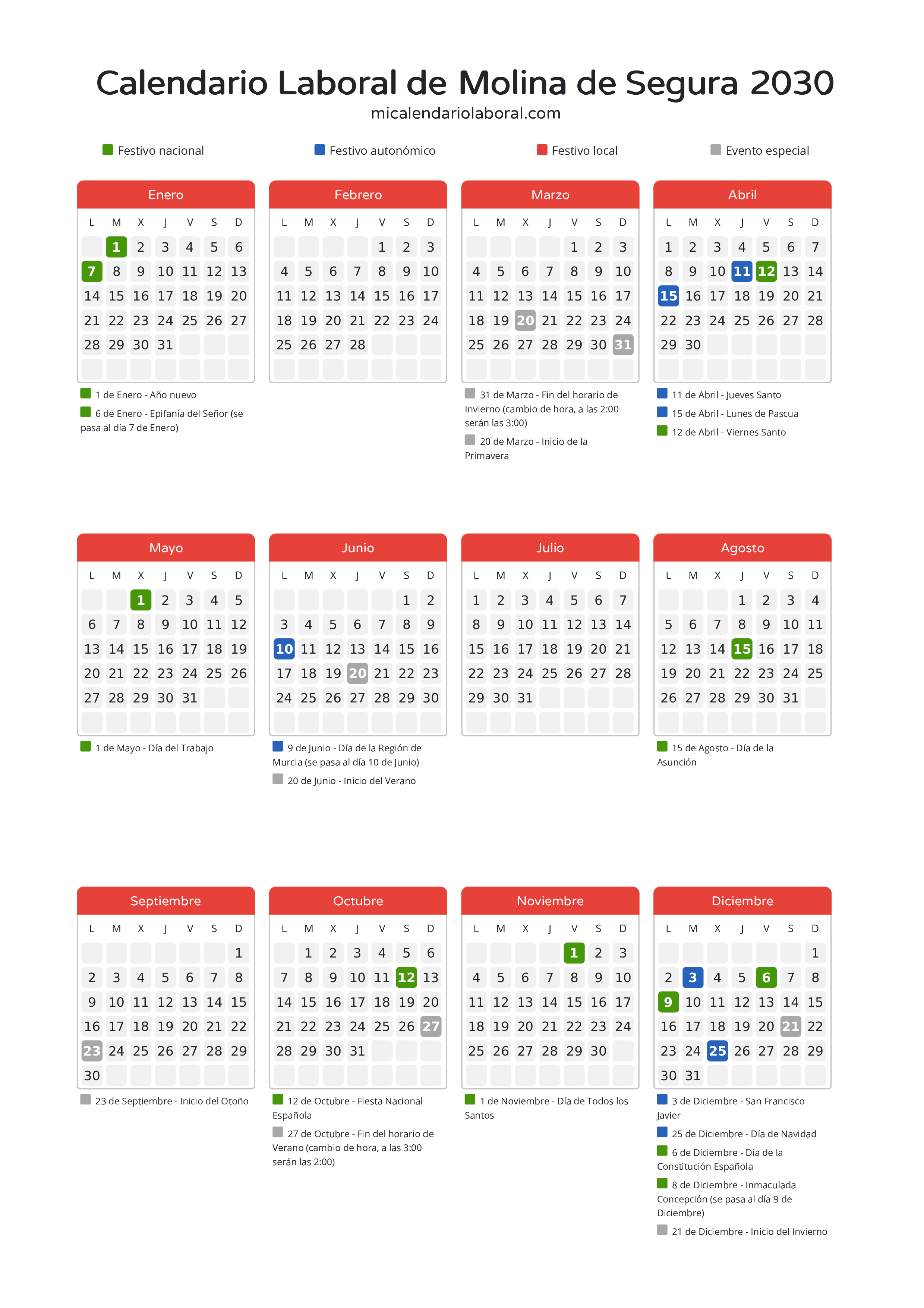 Calendario Laboral de Molina de Segura 2030 - Días festivos - Todos los festivos y días no laborables del calendario de Molina de Segura propuestos por Gobierno de la Región Murcia. Organiza tus vacaciones y puentes en 2030.
