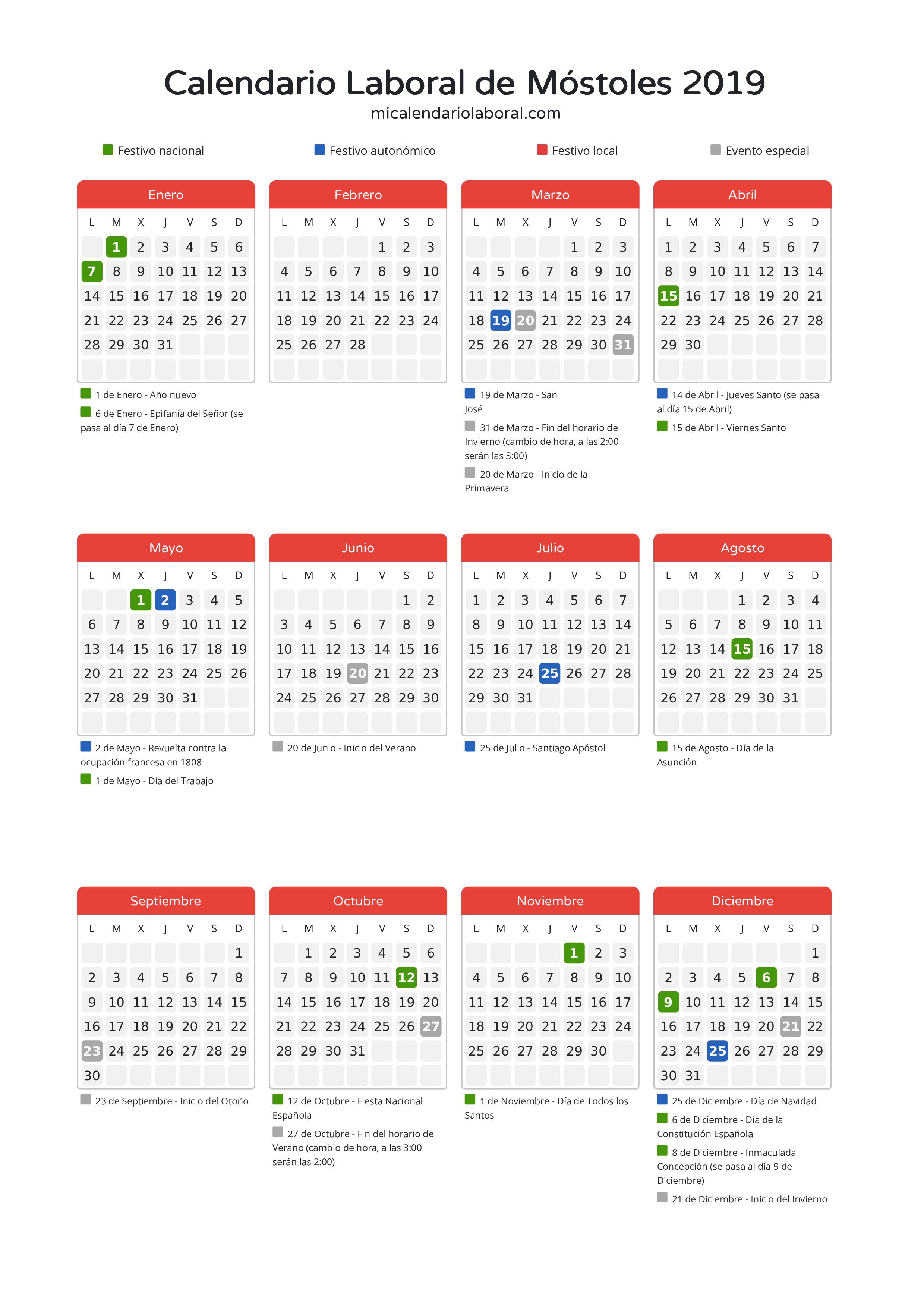 Calendario Laboral de Móstoles 2019 - Días festivos - Descubre todos los festivos, días no laborables y días inhábiles en el calendario de Móstoles propuestos por Gobierno de la Comunidad de Madrid. Organiza tus vacaciones y puentes en 2019.